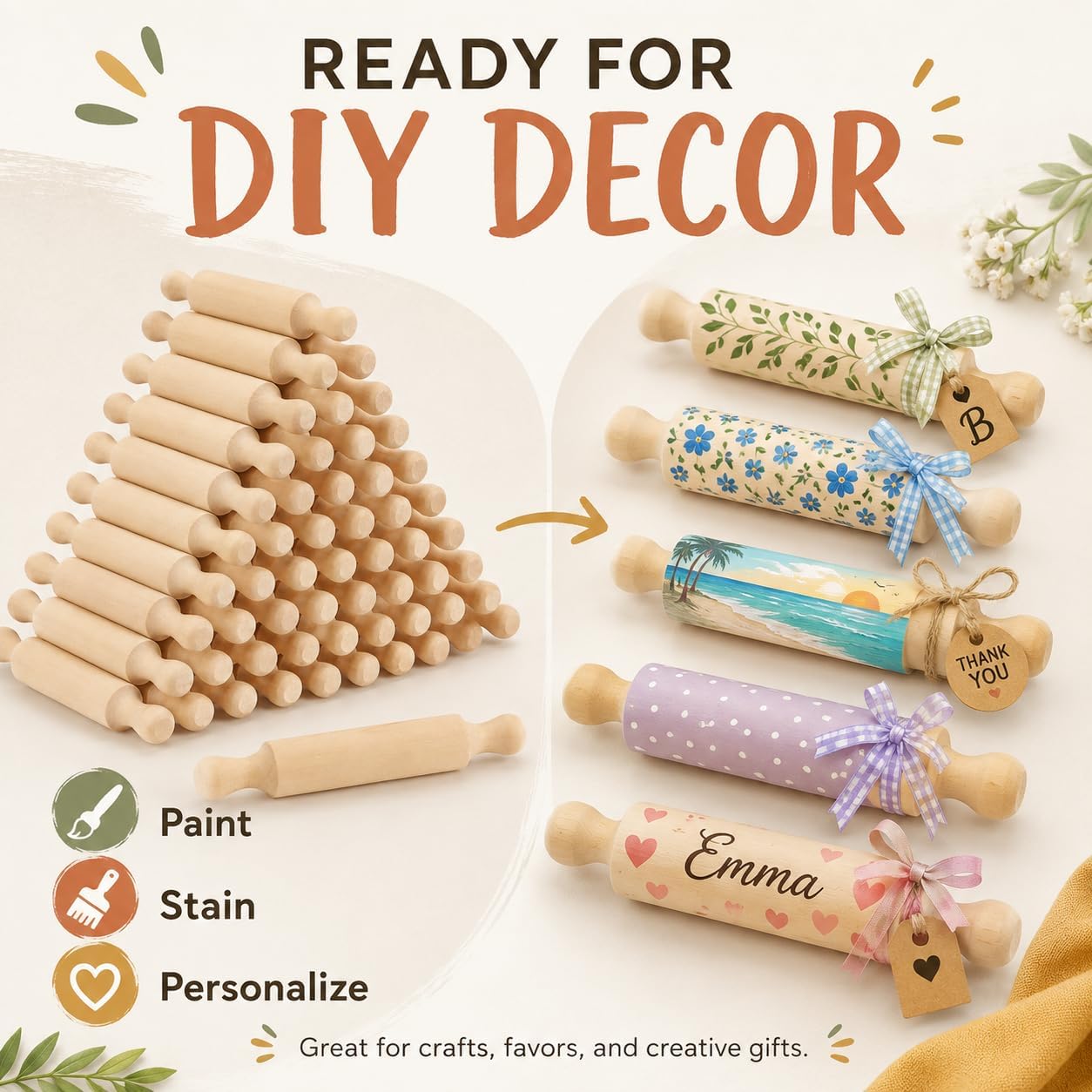 50Pcs Mini Rolling Pin, 5.5 Inches Mini Wooden Rolling Pins, Small Dough Rolling Pins for Imaginative Play and Baking Pastry Pizza Cookie Create, Halloween and Christmas Presents