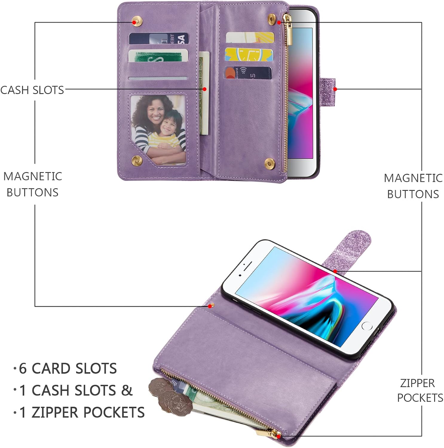 UEEBAI Wallet Case for iPhone 16, PU Leather Wallet Magnetic Closure Handbag Zipper Pocket Cover Kickstand Card Slots with Hand Strap Rose Flip Case for Women - Glitter Purple - Image 3