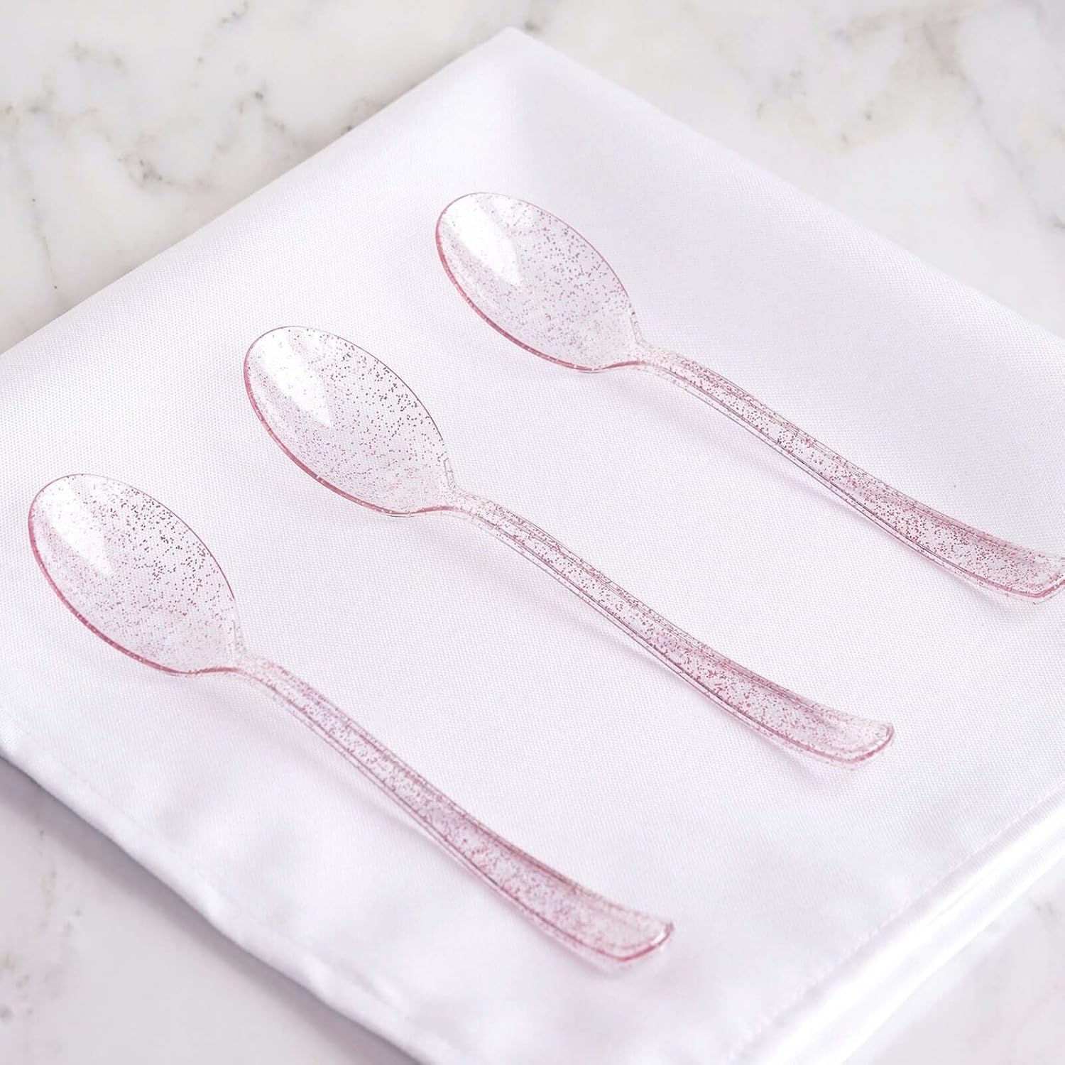 Efavormart 25 Pack 7" Blush Rose Gold Glitter Plastic Spoons, Heavy Duty Disposable Dessert Spoons for Weddings & Candy Buffets