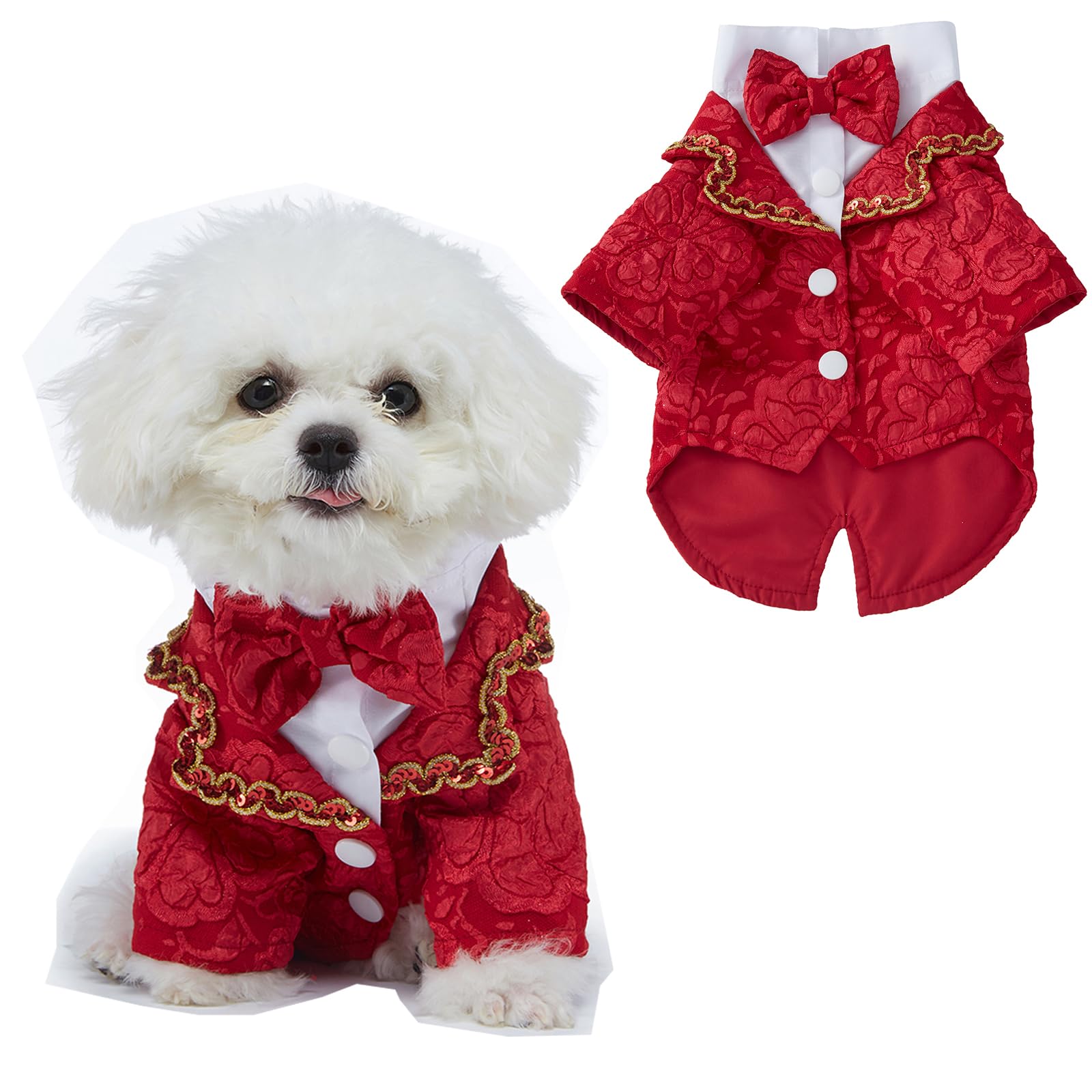 BT Bear Small Dog Tuxedo, Dog Wedding Suit Puppy Formal Shirt, Dog Suit Formal Tuxedo with Black Bow Tie Small Medium Dogs Outfit for Party Birthday Festiva,Red S