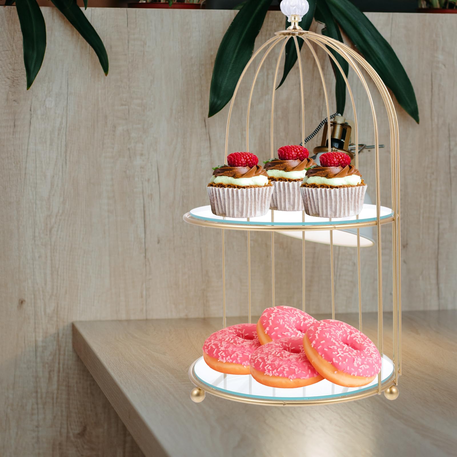 HANABASS Présentoir à cupcakes en métal à 2 niveaux en verre pour cage à oiseaux - Pour anniversaire, fête de mariage (23 x 36 cm)