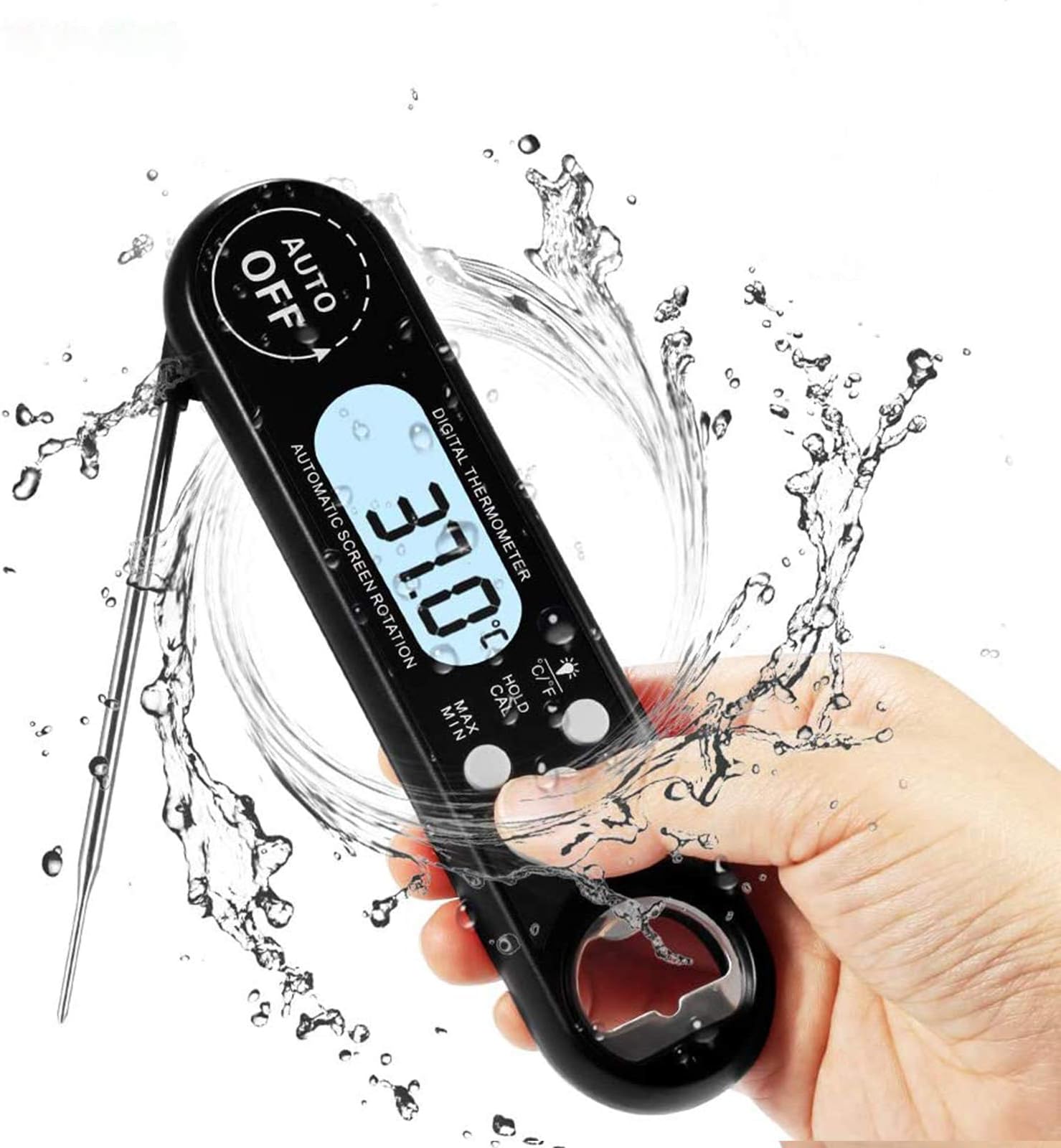 Meat Thermometer, Instant Read Digital Thermometer Electronic Food Thermometer with Probe for Kitchen Cooking, BBQ, Poultry, Grill Food, Easy to Use and Waterproof [Battery Included] (Black)