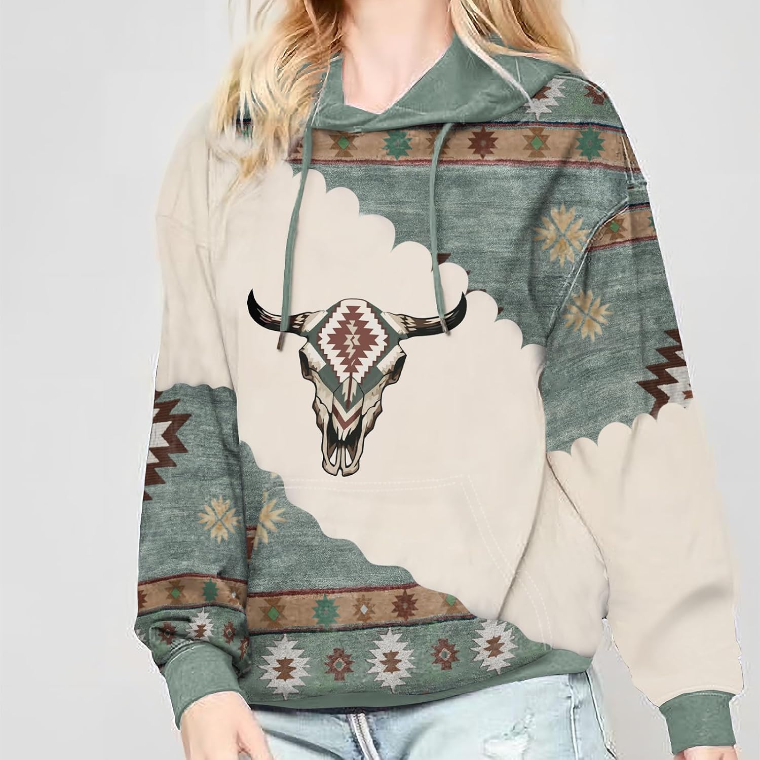 Lanaoree Women's Geometric Horse Print Aztec Hoodie Pullover Cowgirl Western Hooded Sweatshirt S-2XL image 3