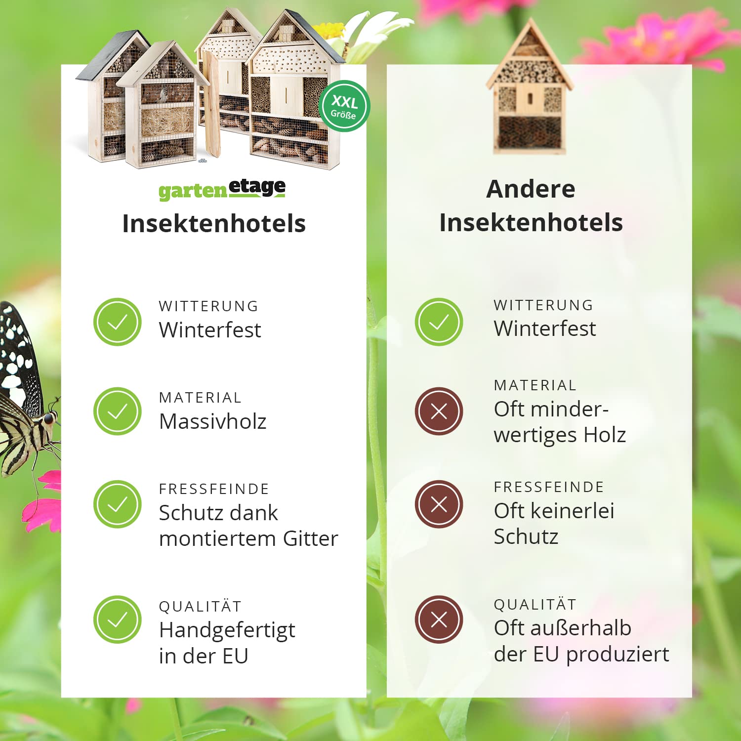 GARTENETAGE Insektenhotel zum Aufhängen XXL mit Pflanzenbalkon/Naturbelassenes, massives Insektenhaus & Bienenhotel/Insektenhotel Groß, Marienkäferhaus/Nisthilfe & Artenschutz