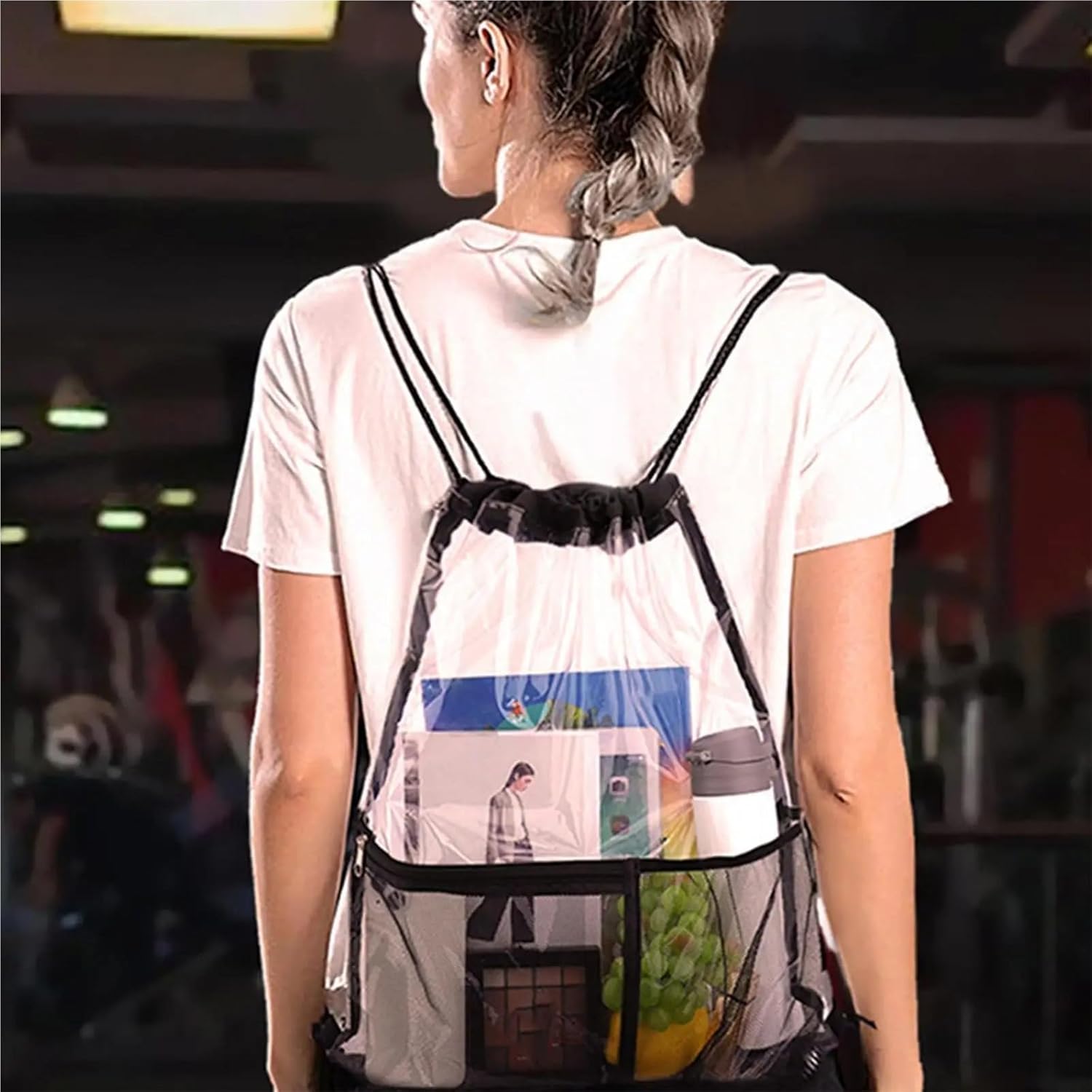 Clear Bags 4/10pcs Drawstring Backpack Clear Bags Athletic Pack For Gym Swim Beach Travel Work Clothes Outdoors(Black,4pcs)