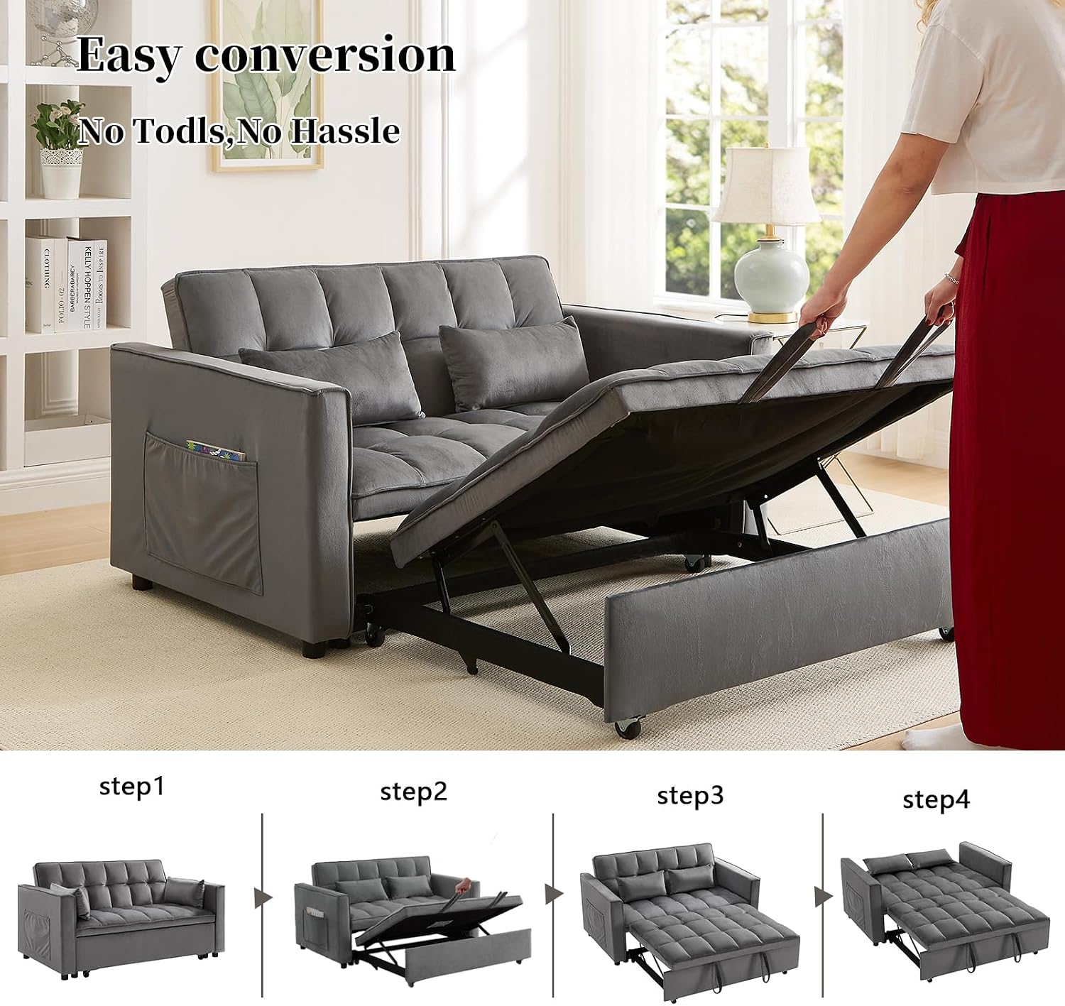 Convertible Sofa Bed 3-in-1 Pull Out Couch Grey Velvet Upholstery Adjustable Backrest