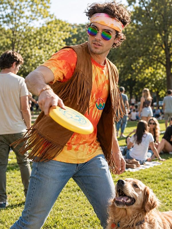 Treature Hippie Costume for Men 60s 70s Outfits for Men Tie Dye Shirt Set Fringe Carnival Vest Wig Tie Dye Headband for party (CSB-7Pcs, L) by Treature - Used condition - Image 4