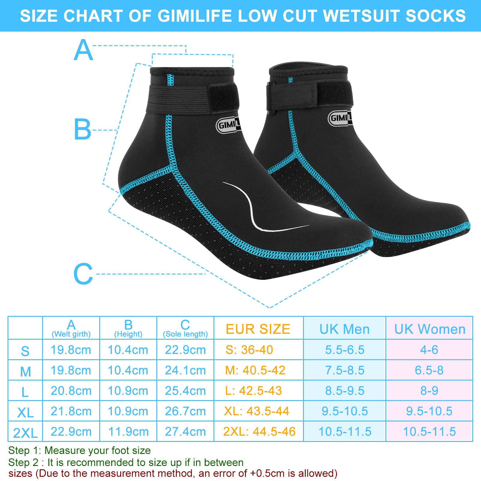 Gimilife Calzari Neoprene 3mm, Calzari Beach Volley per Uomo e Donna, Calzar i Sub, Calze per Piscina, Immersioni, Nuoto, Surf, Vela, Kayak(Stile Basso/Nero-Acqua,L)