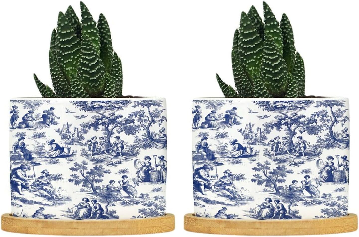 Navy White Blue Decorative Toile Print Ceramic Planters French Toile Pots for Plants with Drainage Holes and Saucers Pot for Home Desktop Office Windowsill