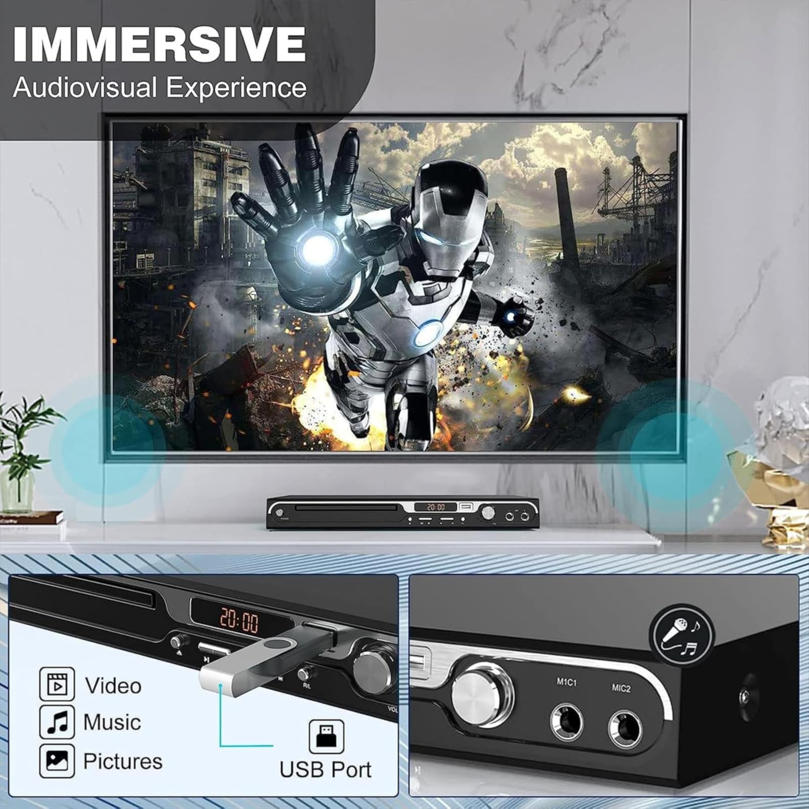 Maite Lettore DVD HD 1080P per TV, HDMI con doppio ingresso per microfono, region free, supporto ingresso scheda USB/SD, uscita HDMI/AV, pulsante in metallo e suono Dolby