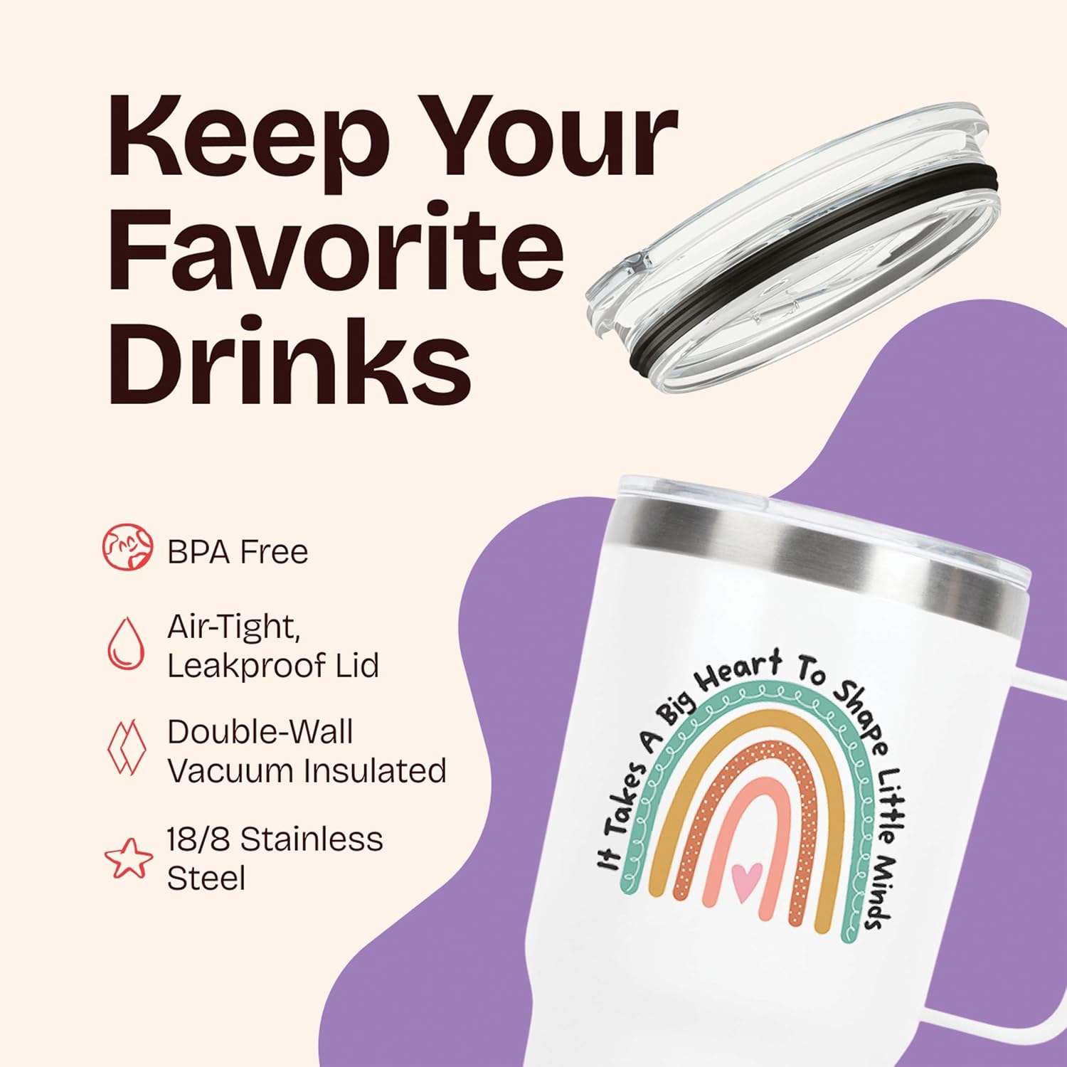 KLUBI It Takes a Big Heart to Shape Little Minds Tumbler With Handle And Straw 20 Ounce Teacher Appreciation Gifts for Women Thank You Gifts for Women Nanny Gift Travel Mug Preschool Teacher Gift
