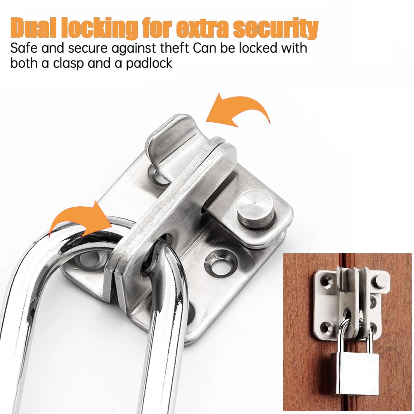 Chiavistello per porta con serratura in acciaio inox con lucchetto, foro di chiusura della porta, per porte in legno, armadio da giardino, aperto a destra (Argento, L: 52 x 62)