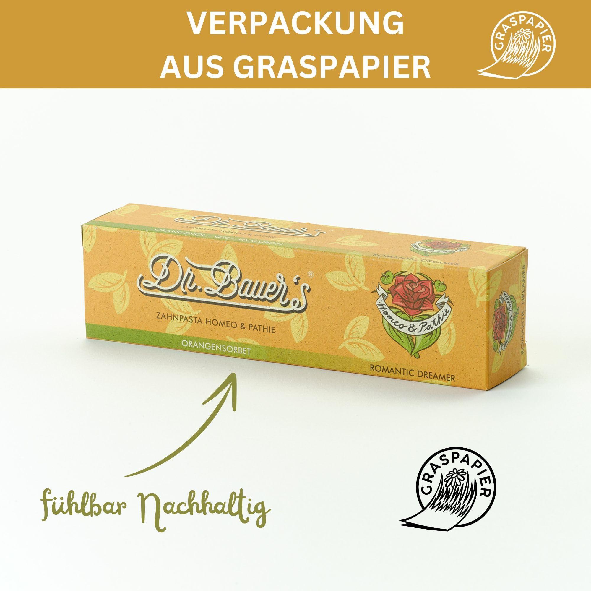 Dr. Bauer's Homeo & Pathie Zahnpasta Romantic Dreamer, 90 ml (1er Pack) | Vegan, Homöopathisch, mit Hyaluron, Q10, Vitamin B12 & Orangenöl, Fruchtiger Orangengeschmack