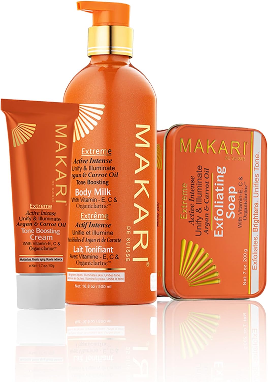 MAKARI Extreme Argan & Carrot Oil 3-Piece Gift Set | Exfoliating Soap, Tone-Boosting Body Lotion & Face Cream | Botanical Self-Care Kit for All Skin Types