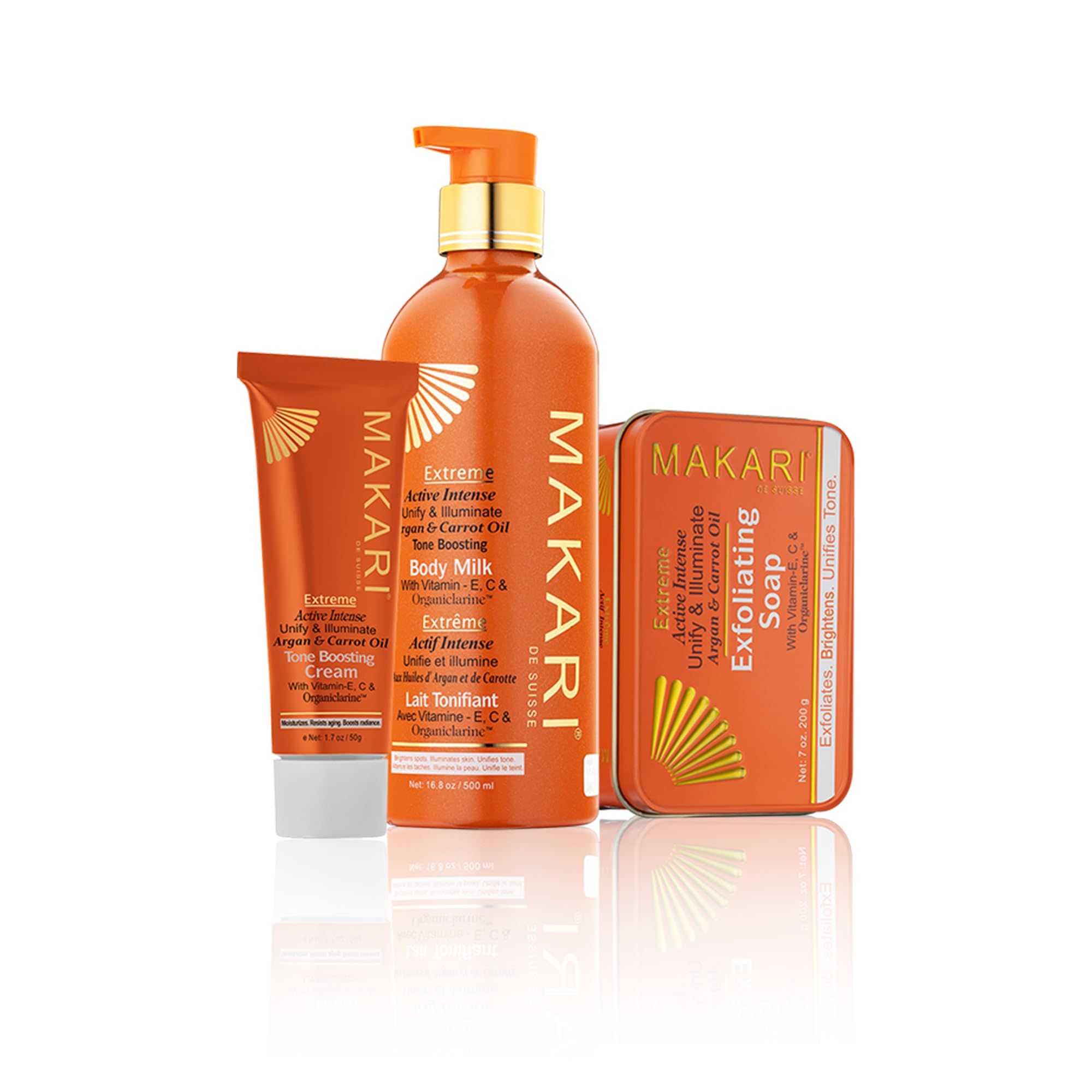 MAKARI Extreme Argan & Carrot Oil 3-Piece Gift Set | Exfoliating Soap, Tone-Boosting Body Lotion & Face Cream | Botanical Self-Care Kit for All Skin Types