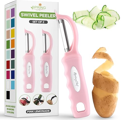 Miniatura 30 de Spring Chef Pelador de verduras giratorio profesional rojo para cocina, peladores de papas de acero inoxidable con mango de agarre suave, perfecto