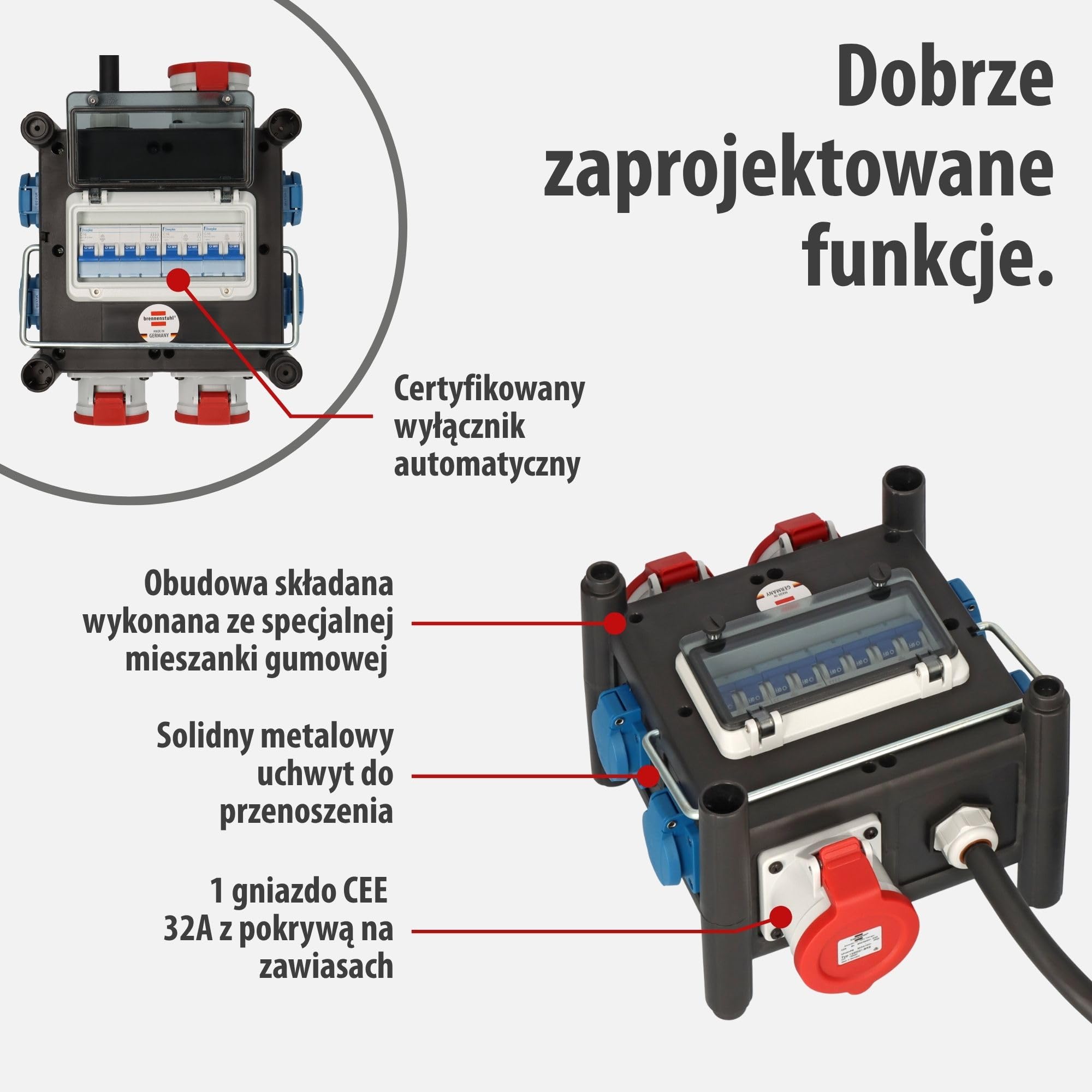 Brennenstuhl kompaktowy gumowy rozdzielacz mocy (kabel 2 m, 2xCEE 400V/16A, 1x CEE 400V/32A, 4x 230V/16A, do stałego użytku na zewnątrz, Made in Germany)