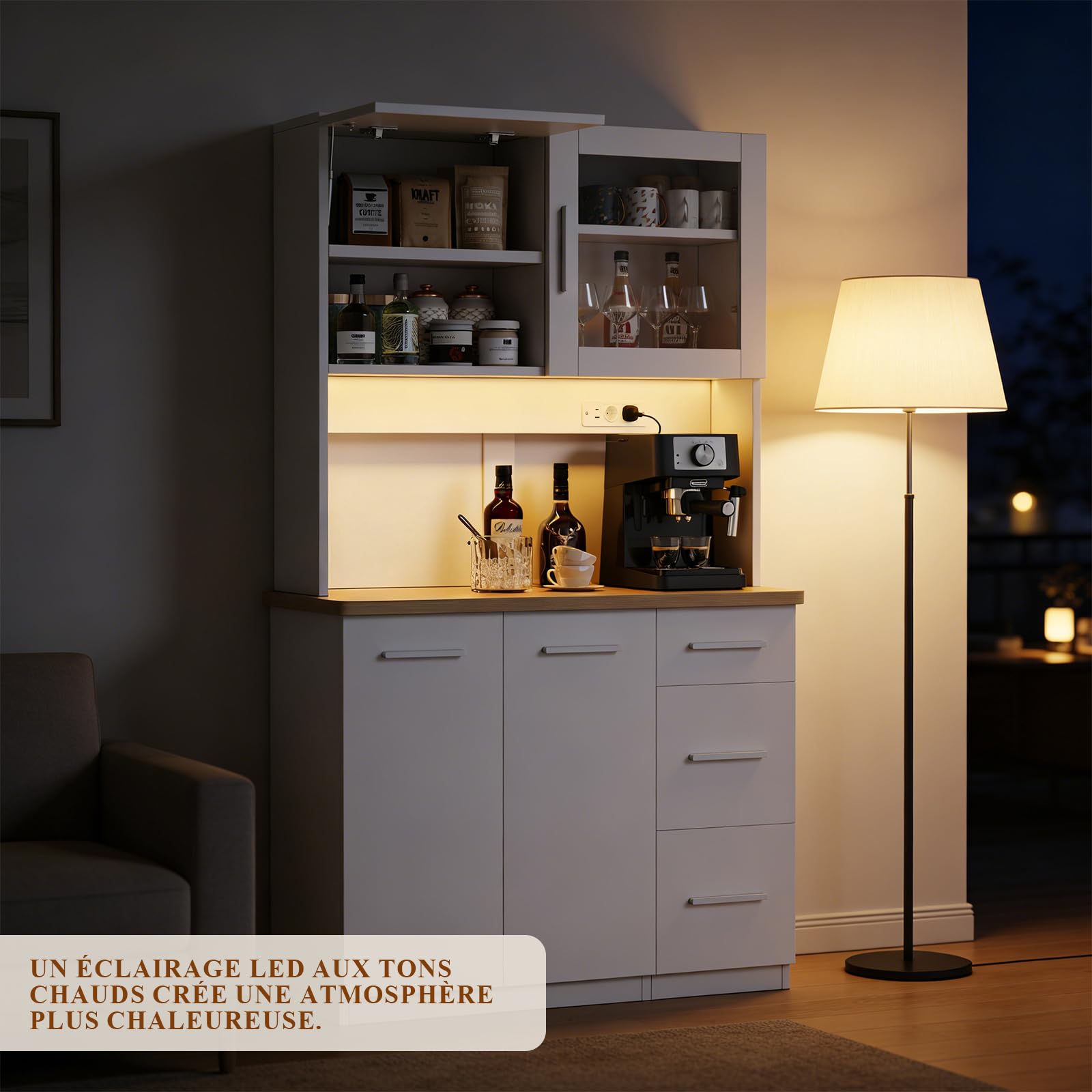 Devoko Mobile da cucina, credenza, armadio alto con prese di corrente e strisce LED 3000 K, con piano di lavoro da 24 mm, ripiani regolabili, 3 cassetti, 100 x 40 x 182 cm (Bianco)