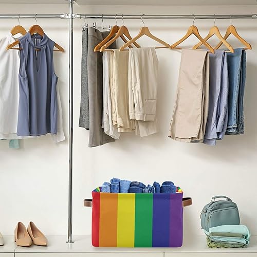 Miniatura 5 de AUUXVA Cesta de almacenamiento LGBT Pride Rainbow Stripe Caja de almacenamiento de lona duradera plegable para juguetes, cesta organizadora con asas