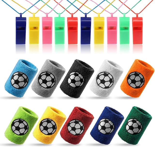 Kesote World Cup Football Party Favor Pack 10Pcs Football Wristbands & 10Pcs Whistles Plastic Whistles Sport Wristbands Birthday Gift for Kids PE Class Trainee Teachers