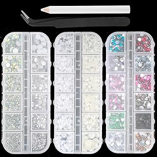 Yolev Flatback Pearls and Rhinestone for Crafts set, 3 Boxes Flat Back Nail Art Crystal Rhinestones Pearl Nail Art Rhinestones with Picker Pencil and Tweezer For Nail Art DIY Crafts Decoration