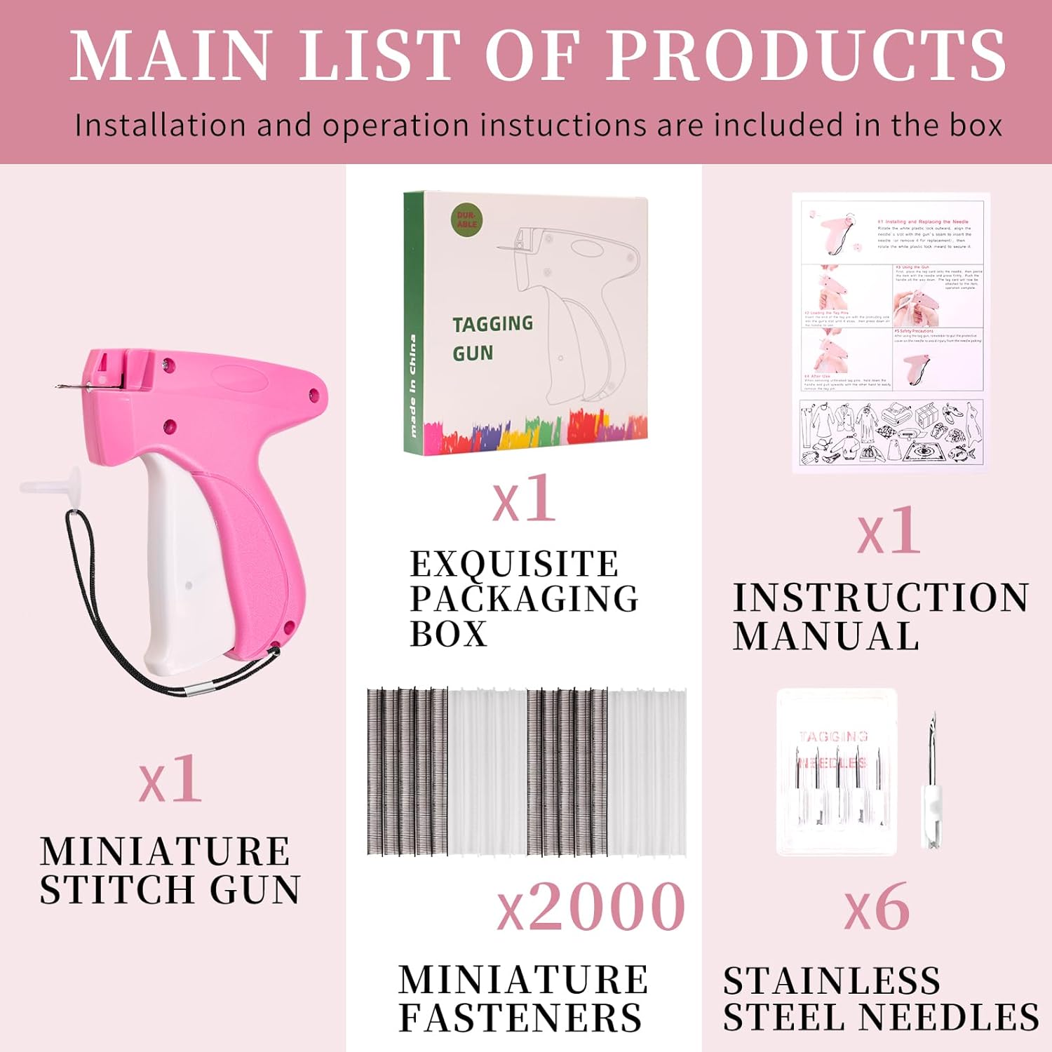 Handheld Stitch Gun for Clothes & Fabrics - Quick Clothing Fixer, Micro Tagging Attacher Gun with 6 Needles + 1000 Black & 1000 White Fasteners - All-in-One Portable Sewing Kit - Image 2