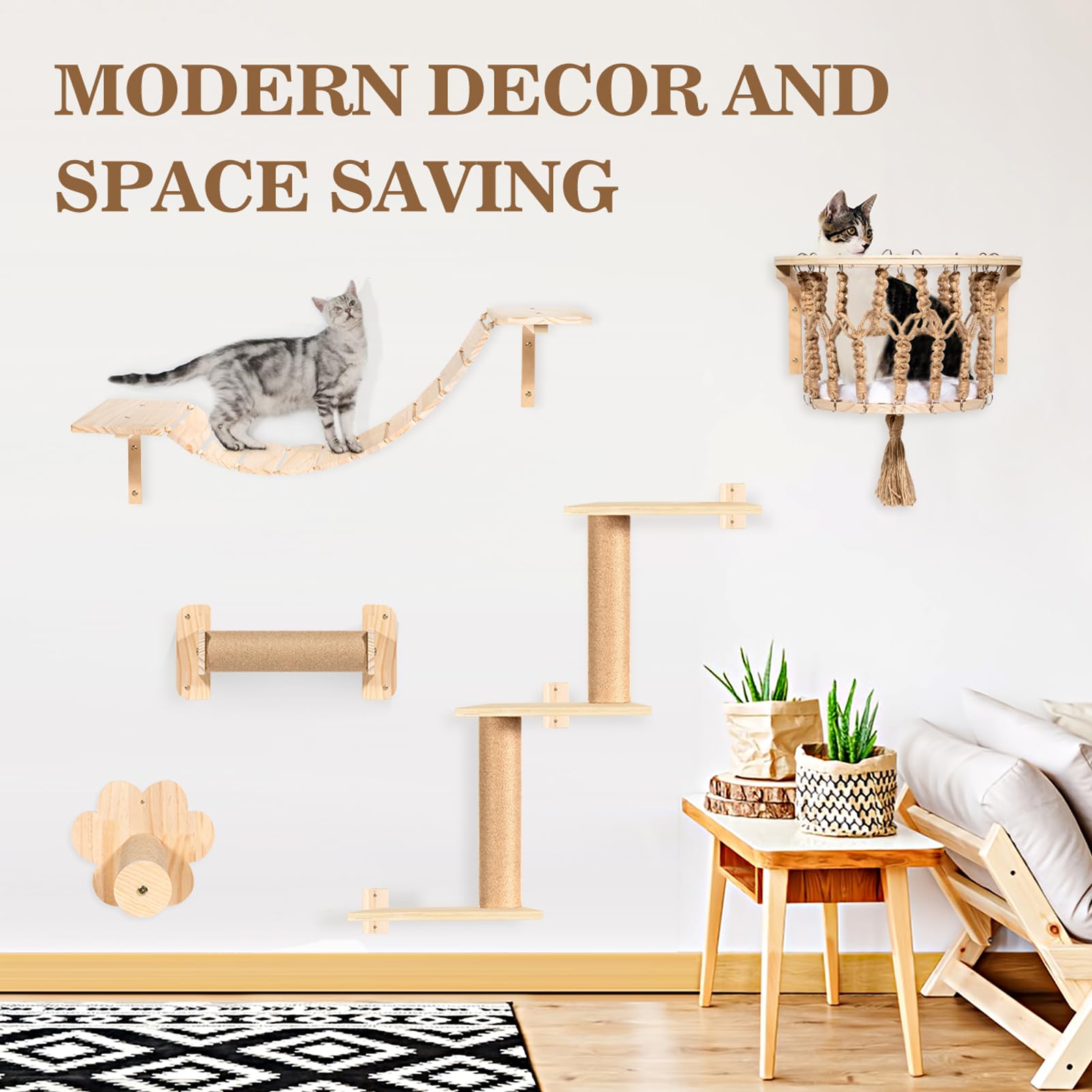 Cat Wall Shelves and Perches, Wall Mounted Cat Furniture with Hammock, Bridge, Tree, Steps and Scratching Posts, Wooden Climbing System for Indoor Large Cats and Kittens - image 7