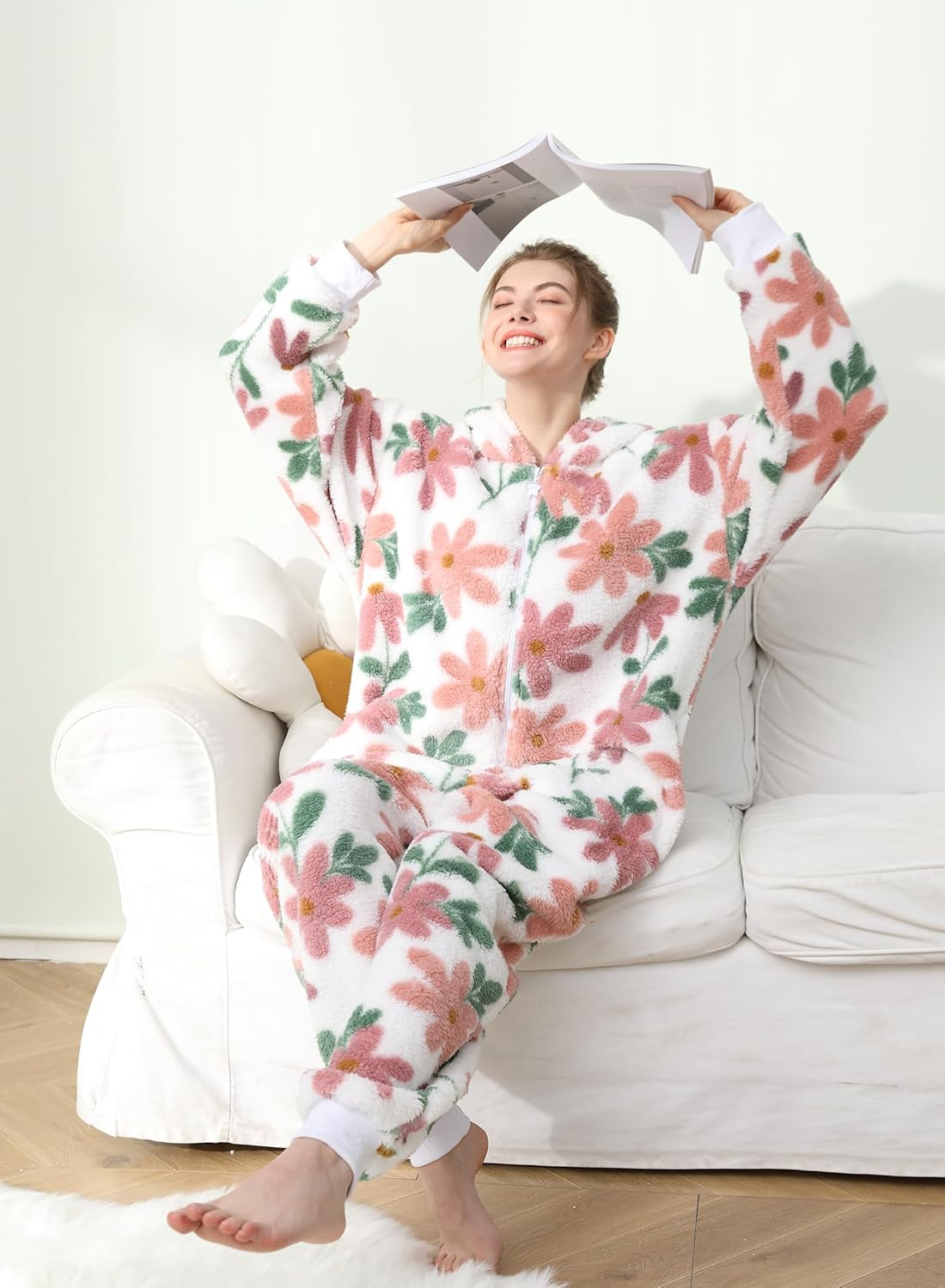 Women's Fuzzy Pajamas Hooded Adult Onesie Zipper Warm Fleece Printed One Piece Winter Sleepwear Christmas Loungewear