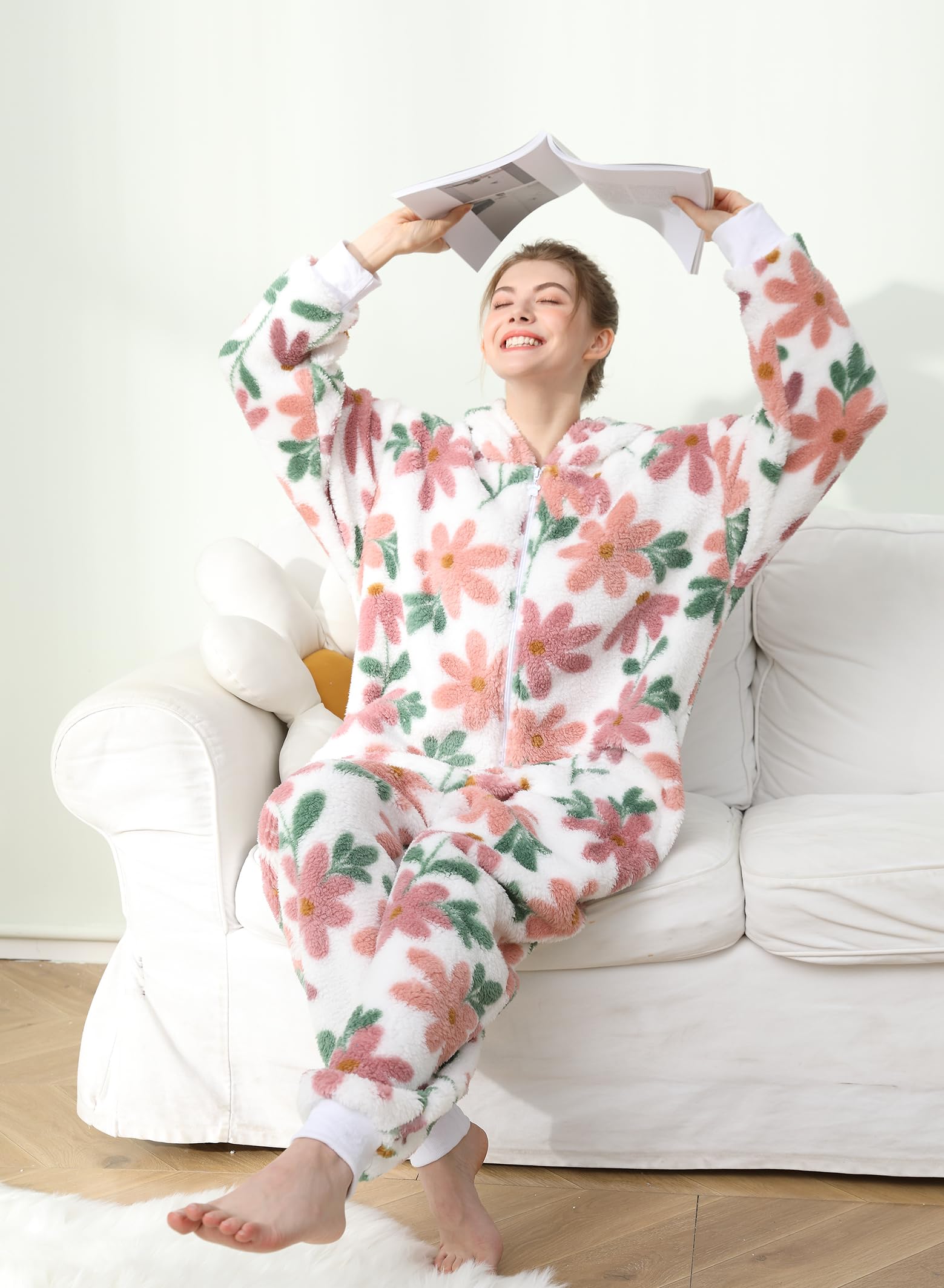 Pijama mullido con capucha para mujer, con cremallera, forro polar cálido, estampado de una pieza, ropa de dormir de invierno, ropa de dormir de Navidad