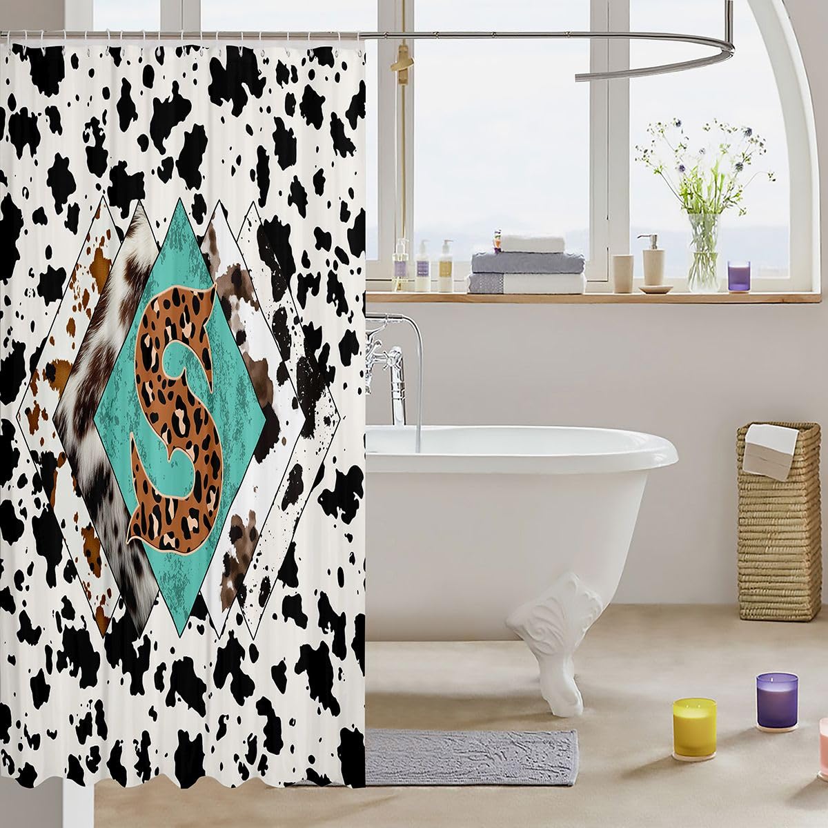 Rideau de douche lettre S taille L léopard monogramme alphabet imprimé cuir de vache rideau de bain pour adultes design rustique rétro rideaux de bain imperméables avec 12 crochets pour baignoire