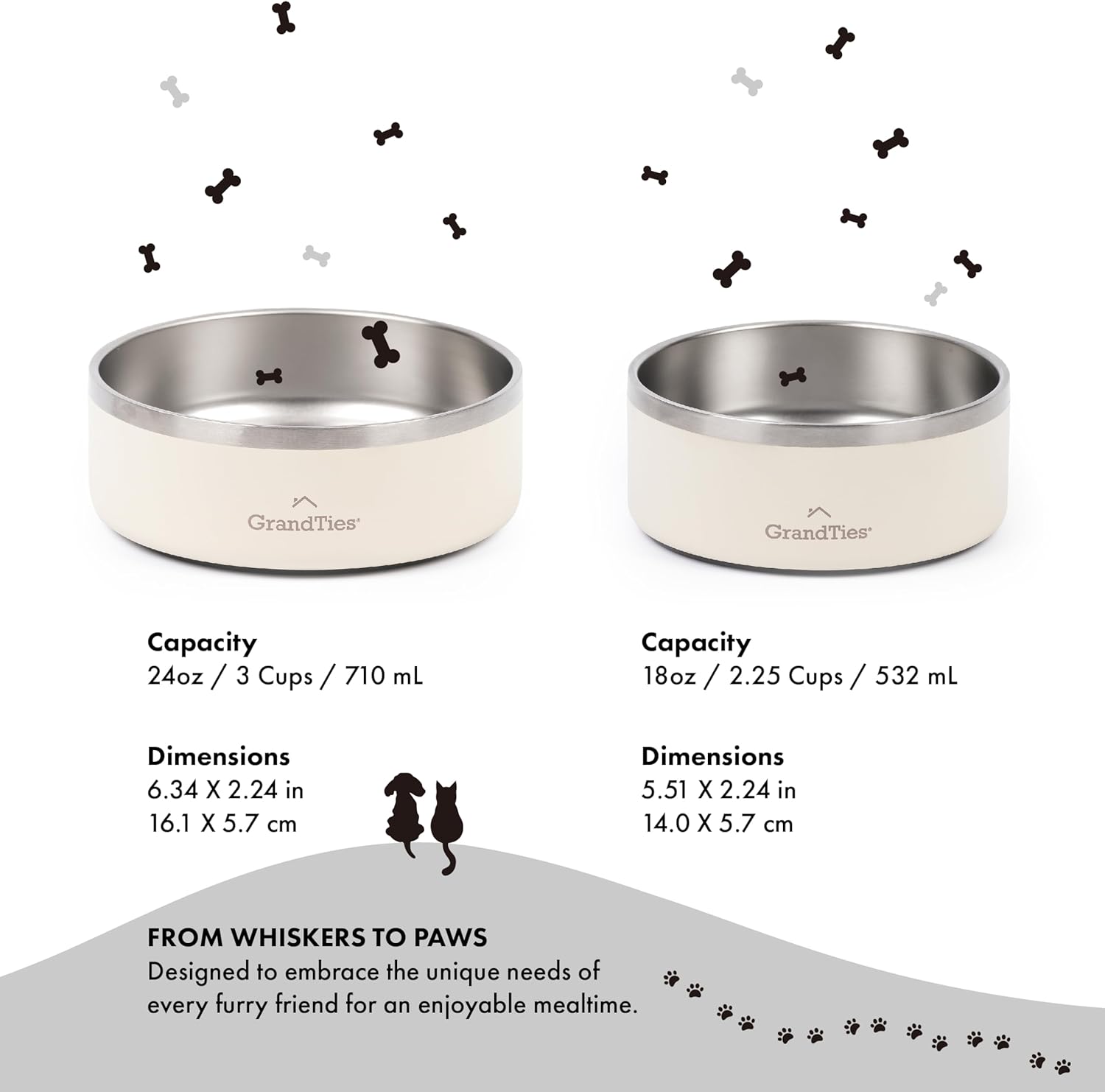 GrandTies Stainless Steel Engraved Pet Bowl | Reusable BPA-Free Insulated Pet Bowls | Large Heavy Duty Non Skid Spill Proof Dog Bowl | Outdoor Dog Water Bowl (24oz, Ivory White)