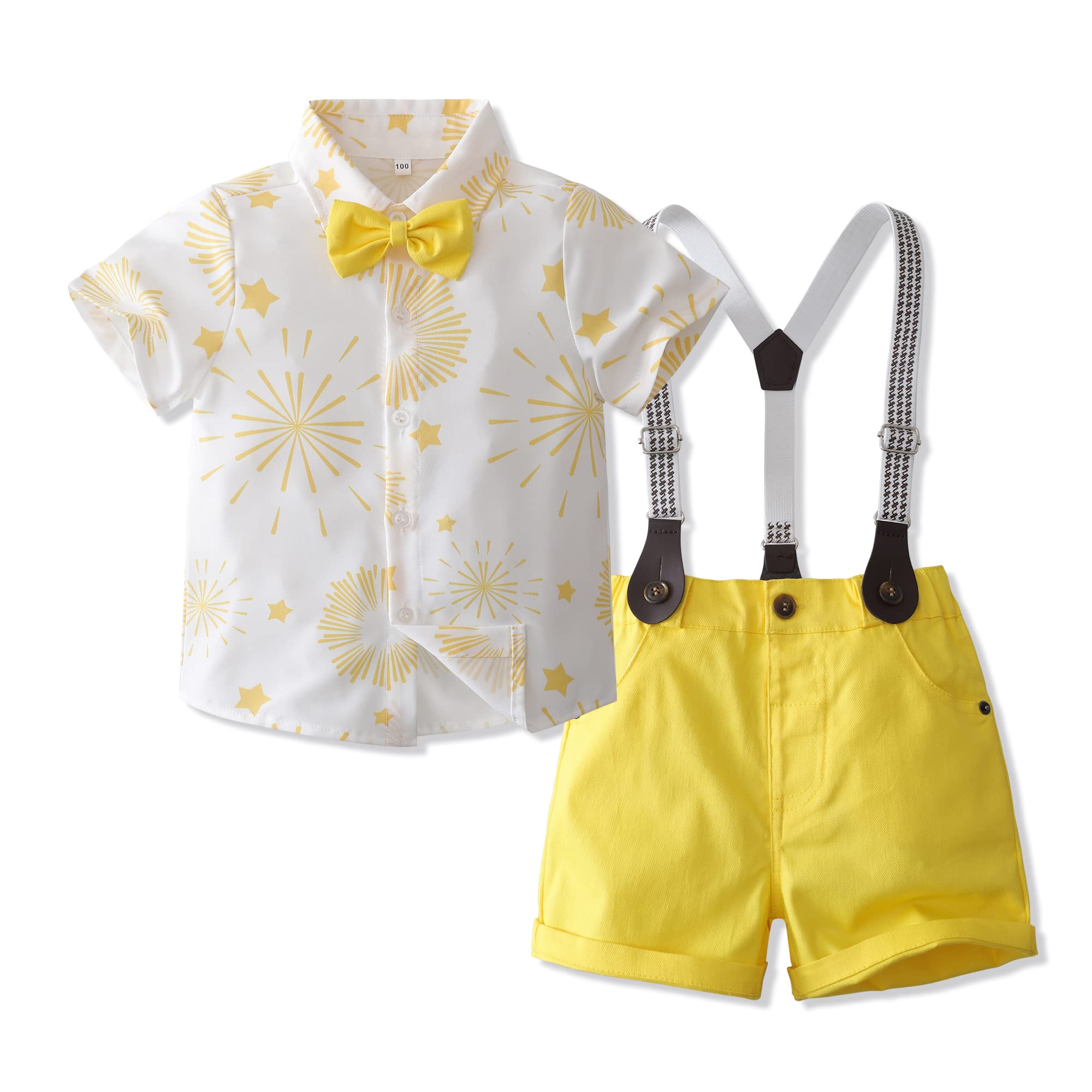 Tiepant Toddler Short Sleeve Shirt + Suspender Short Shorts Suits with Flowers Printed for Baby Boy Formal Bowtie Tuxedo Yellow 2-3T