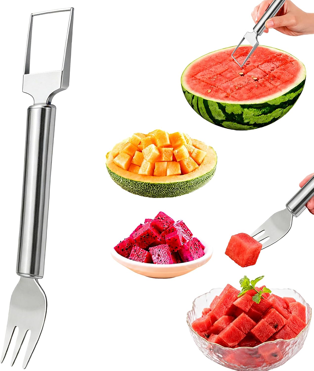 Watermelon Cutter, 2-in-1 Stainless Steel Fruit Cutter, Dual Head Watermelon Fork Slicer Tool, Summer Fruit Cutting Kitchen Gadget for Home(1PACK)