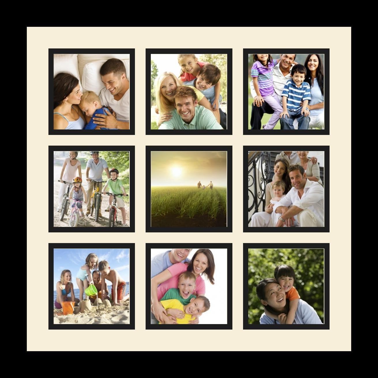 ArtToFrames Collage Photo Frame Single Mat with 9-4x4 Openings with Satin Black Frame and TV Grey mat.