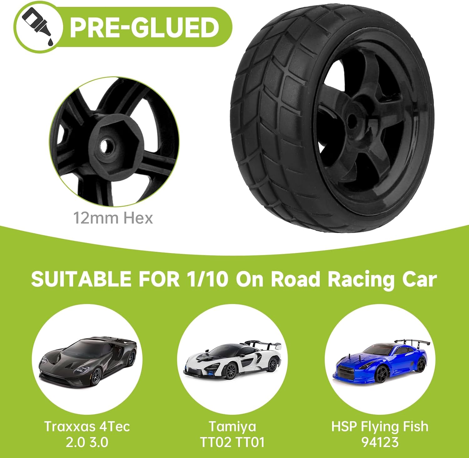 Pre-Glued OD 2.55" 12mm Hex Wheels Rims and Rubber Tires for Traxxas Tamiya HPI HSP Redcat RC 1/10 On Road Racing Car, Set of 4 (Color E)