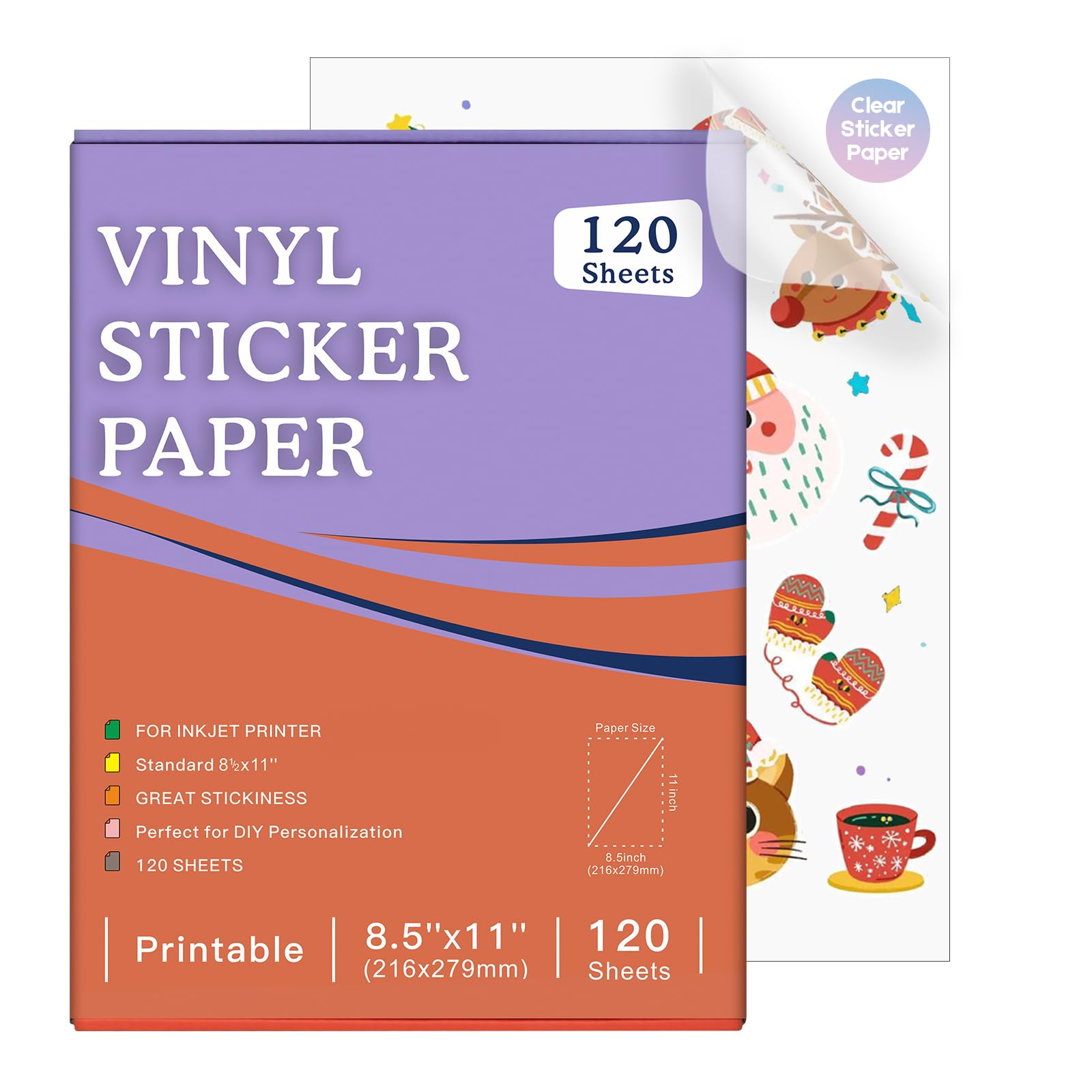 120 Sheets Printable Clear Sticker Paper for Inkjet Printer, Premium Vinyl Transparent Sticker Paper Waterproof, Dries Quickly, Vivid Colors, Tear Resistant, 8.5x11" Labels Great for Cutting Machines