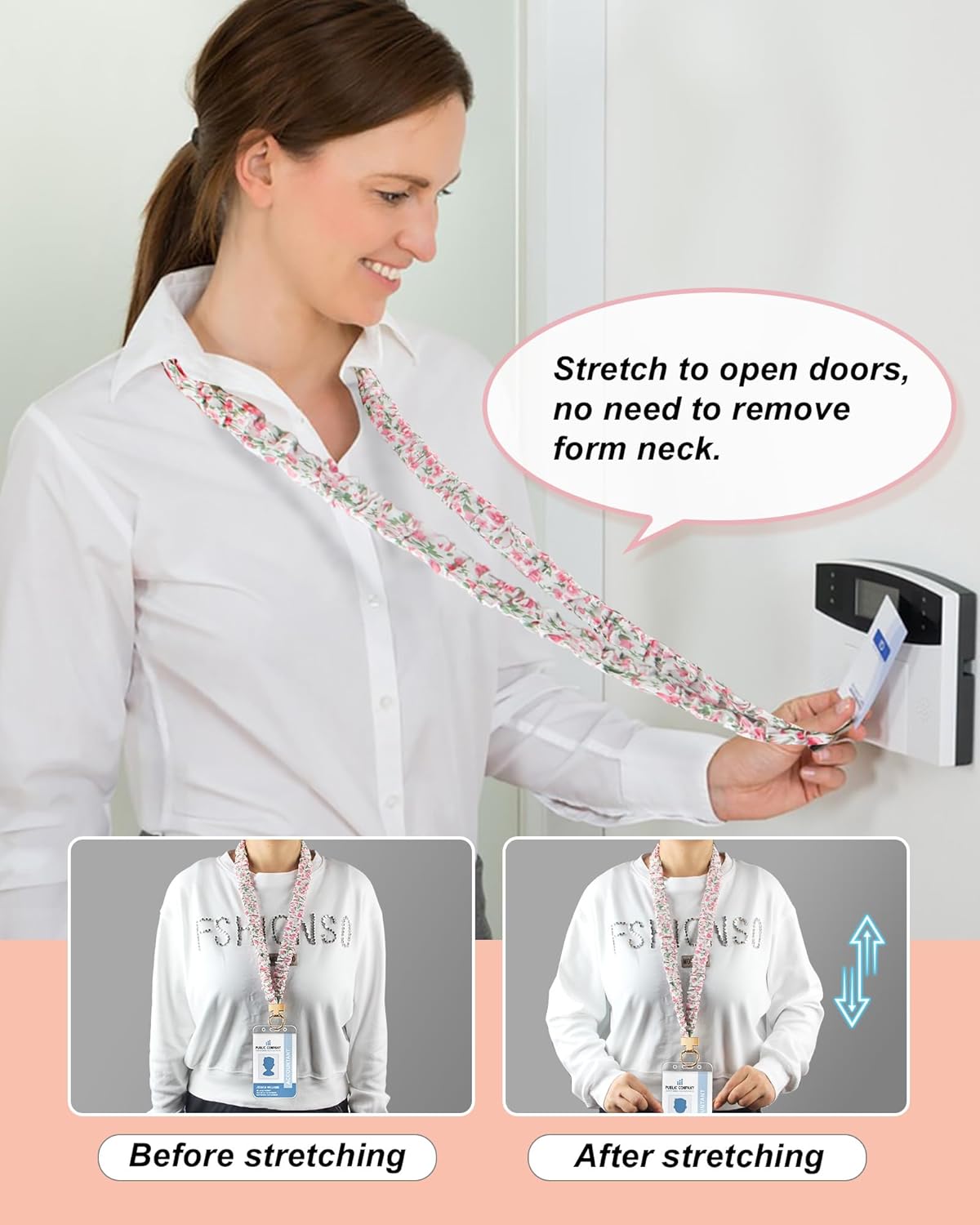 Scrunchie Lanyard for ID Badge Holder, Cute Teacher Lanyard for Women with 2 Card Clear Badge Holder (Pink Floral) - Image 3