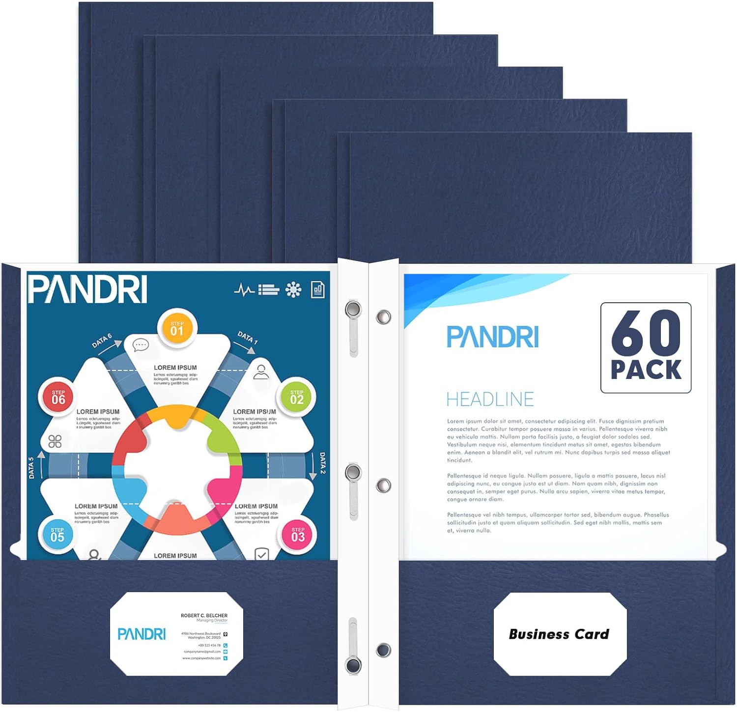 Two Pocket Folders, PANDRI 60 Pack Two Pocket Folders with Prongs, 3 Prong Folders Designed for Office and Classroom, Letter Size Darkblue