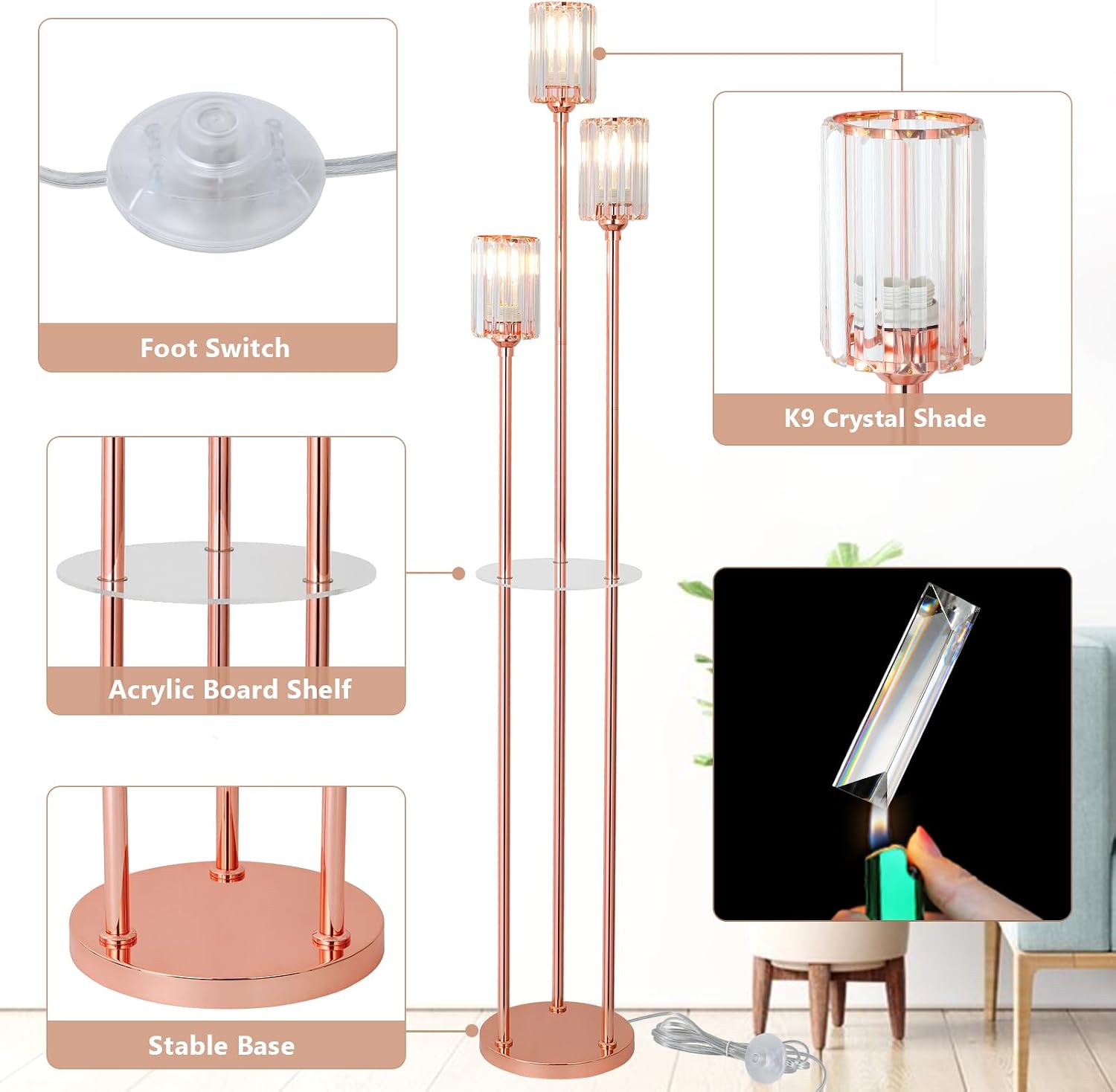 HMVPL Pink Floor Lamp for Living Room, Crystal Floor Lamp with Shelves, Girls Standing Lamp with Table, Modern Corner Lamp with On/Off Switch, Unique Tall Lamp for Bedroom Nursery Office