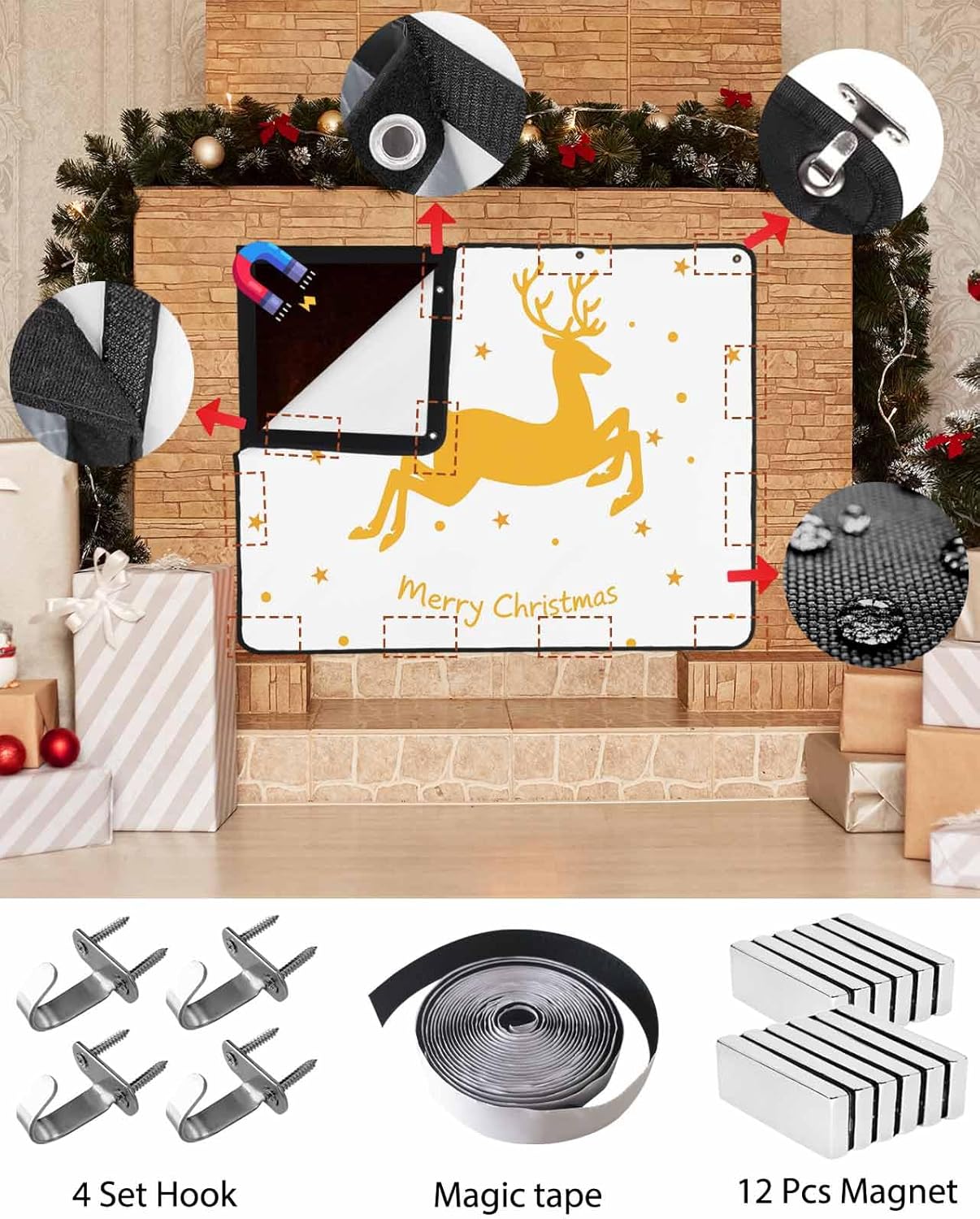 Merry Christmas Fireplace Screen Magnetic Fireplace Cover for Living Room Washable Indoor Fireplaces Draft Cover Christmas Fireplaces Screen, Xmas Elk Winter Yellow Deer 36"x27"