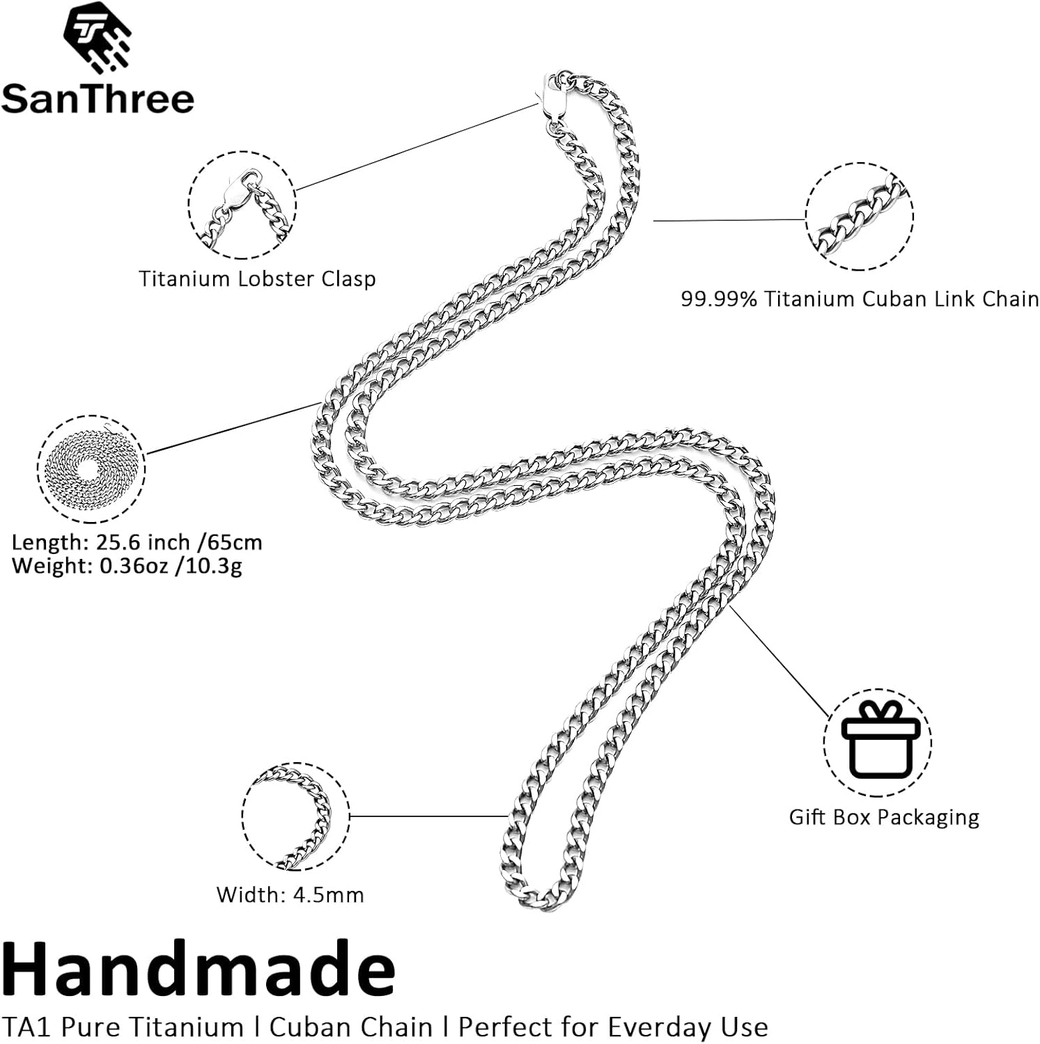 SanThree 4.5mm Pure Titanium Cuban Link Chain Necklaces for Men, Hand Polished Skin Friendly Shinny Solid Titanium Curb Twist Chain Necklace for Women Sensitive Skin Valentines Birthday Gifts - Image 4