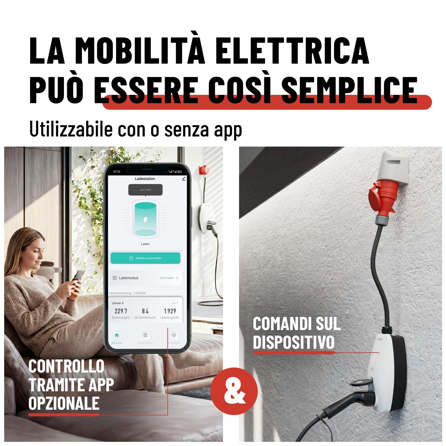ABSINA Wallbox 11kW con App, Potenza di Ricarica Regolabile // Stazione CEE - wallbox trifase per i3, e-Up, ID.3, ID.4, Zoe, fortwo e Altro - colonnina Ricarica Auto elettrica | CEE - Stazione di ricarica mobile ad alta corrente, 11 kW, 3 fasi, per i3, e-