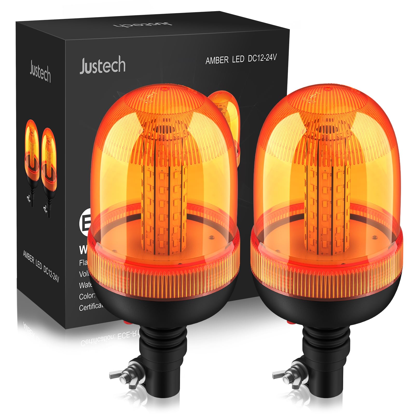 Justech 2 Pezzi Lampeggiante Stroboscopica 80LED 12V 24V Impermeabile con 3 Modalità Illuminazione Rotante Segnalazione Palo DIN Arancione di Emergenza per Rimorchio Trattore Camion