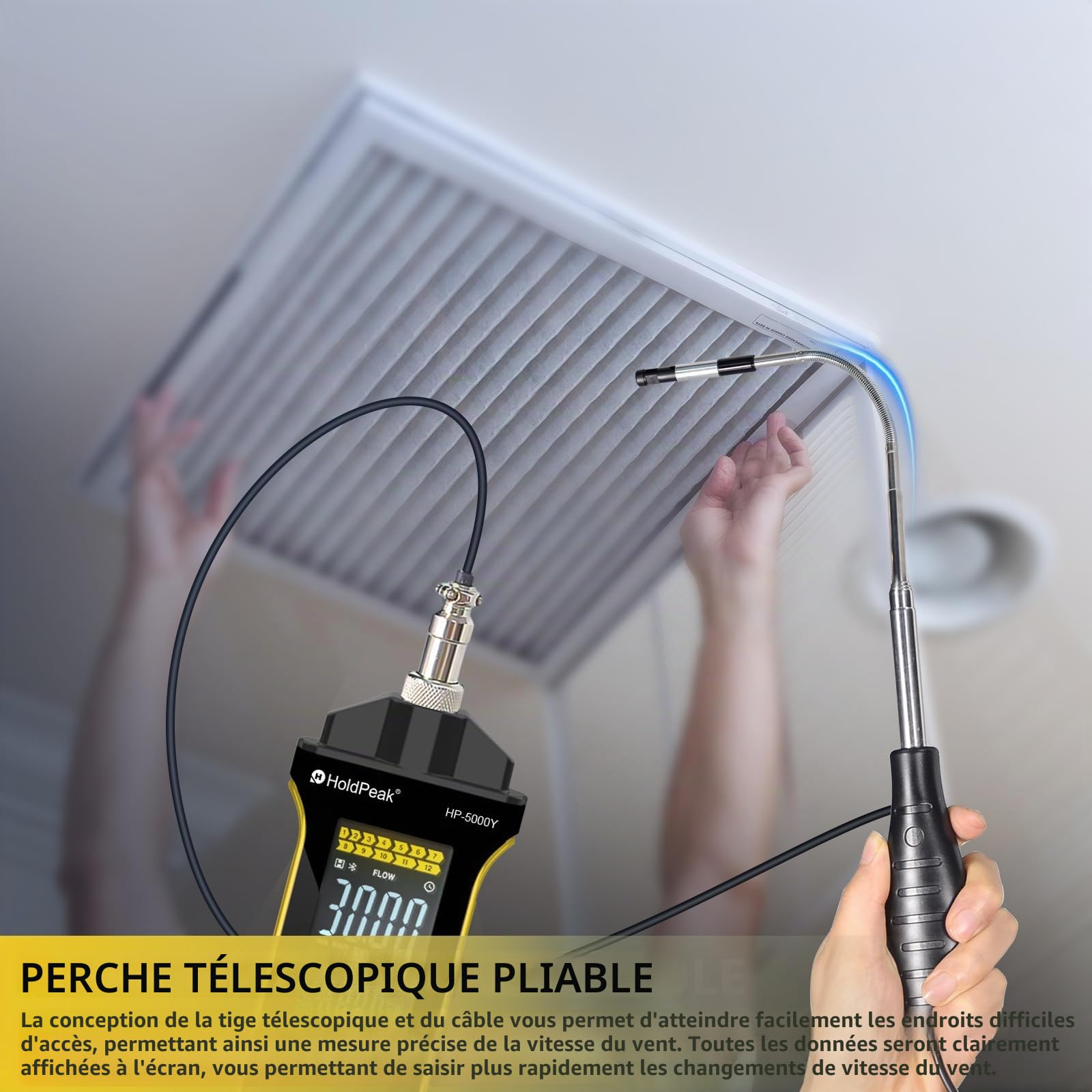 Anémomètre professionnel à fil chaud – Appareil de mesure numérique précis de la vitesse du vent pour CFM/CMM, avec mesure de la température, sonde télescopique, écran lumineux et export de