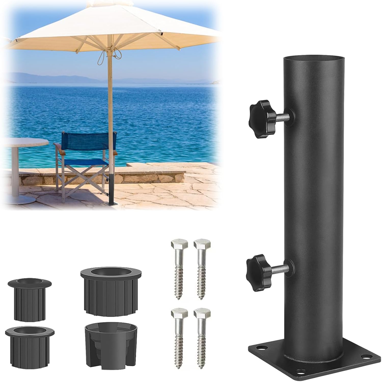 Thickened Steel Umbrella Deck Mount,Patio Umbrella Holder for Deck Railing,Heavy-Duty Deck Umbrella Base with Umbrella Mount,Universal Ground Mount Base with 4 Bolt Holes for Garden Beach Café