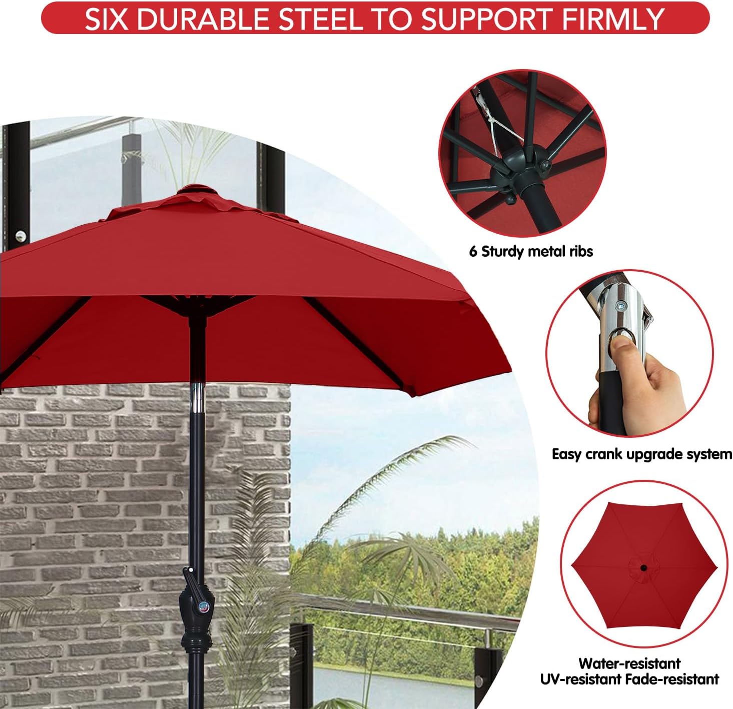 7.5 ft Patio Umbrella with Push Button Tilt, Strap, Crank Open and Close, Red