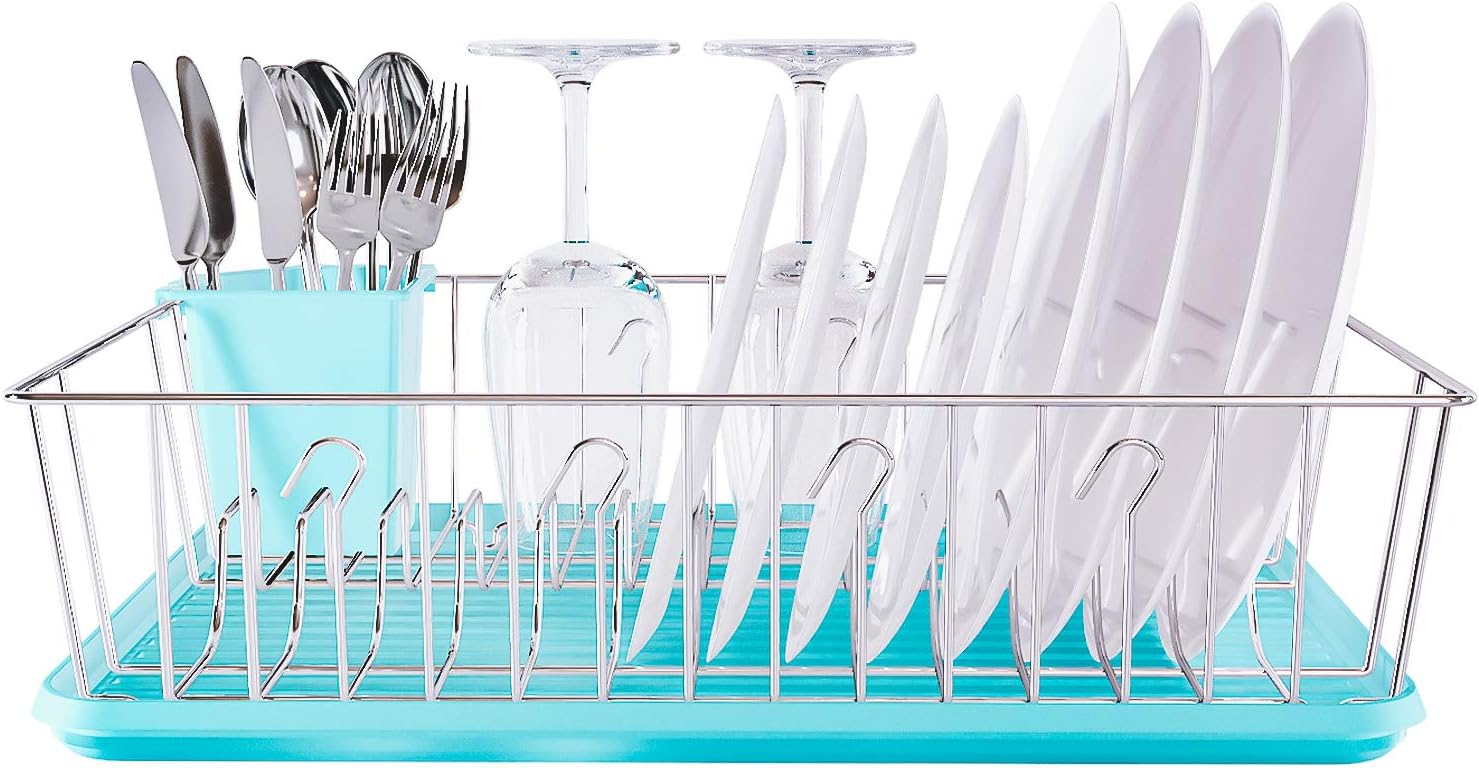 Home Intuition 3-Piece Dish Drying Rack Drainer Set 17" x 13.75" x 5", Turquoise