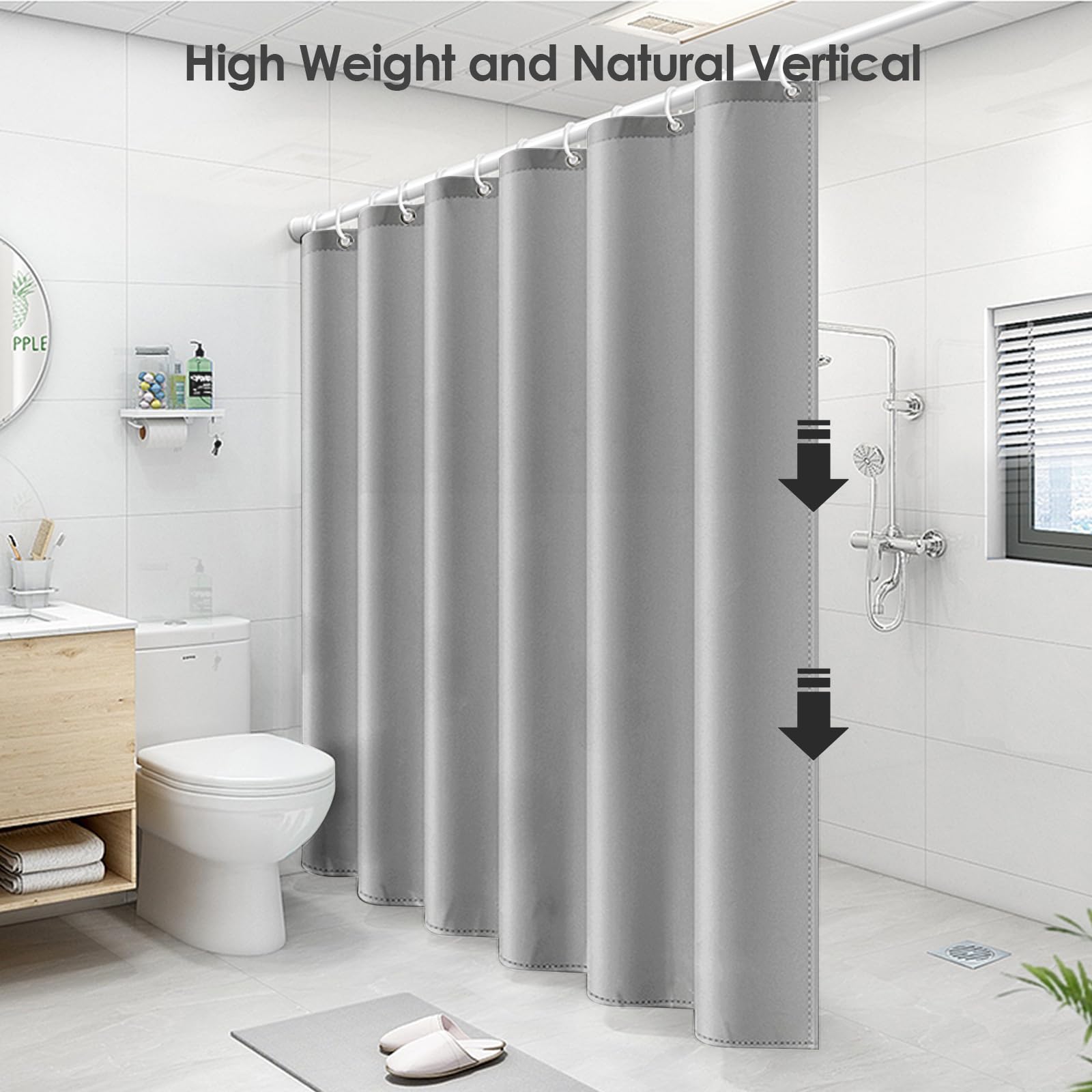 Vinabo Grey Shower Curtain, 180 x 200 cm Bathroom Curtains, Washable Shower Curtain with 12 Hooks, PEVA Fabric Curtain - Image 3