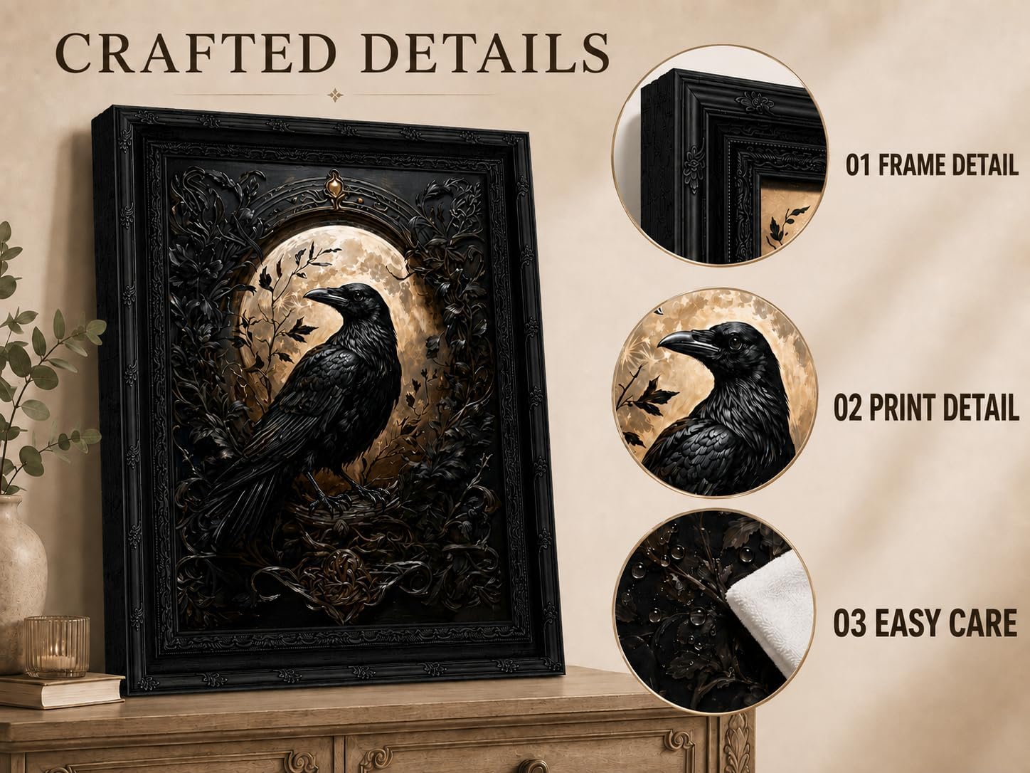 3D Gothic Raven with Full Moon Framed Wall Art, Black Carved Frame Textured Crow Print, Dark Academia Witchy Decor for Living Room Bedroom Study-12x16in image 5