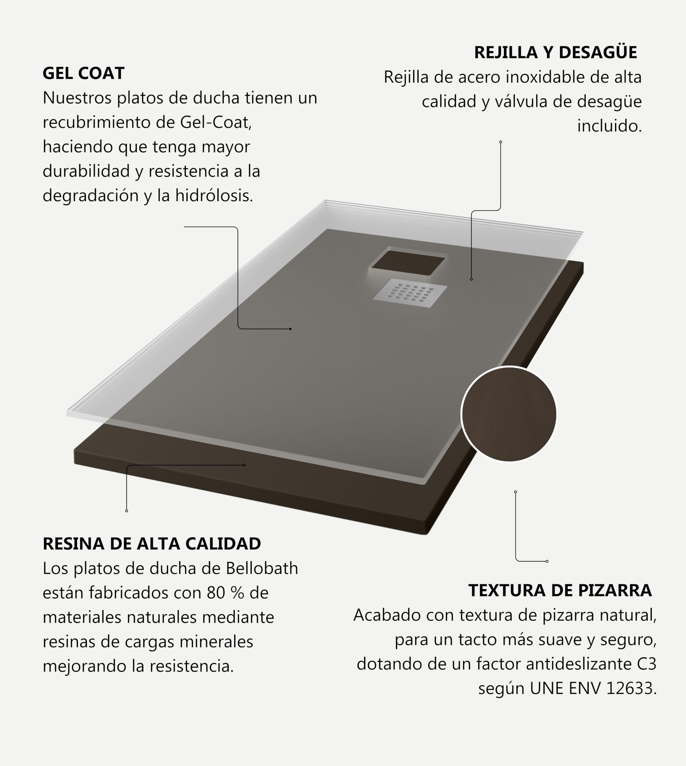 BELLOBATH Piatto Doccia in Resina Antiscivolo Cacao 70x90 cm